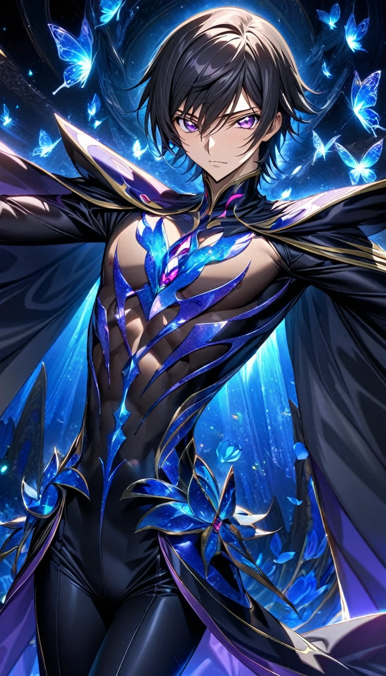 absurdres, highres, ultra detailed, HDR, master piece, best quality, Lelouch Lamperouge, black hair, expressive purple eyes, code geass, solo, sexy man, handsome, toned chest, black cape, black clothes, patterns, magical, fantasy, blue background, blue lotus, shining, blue petals, blue glittering butterflies, glass sculptures