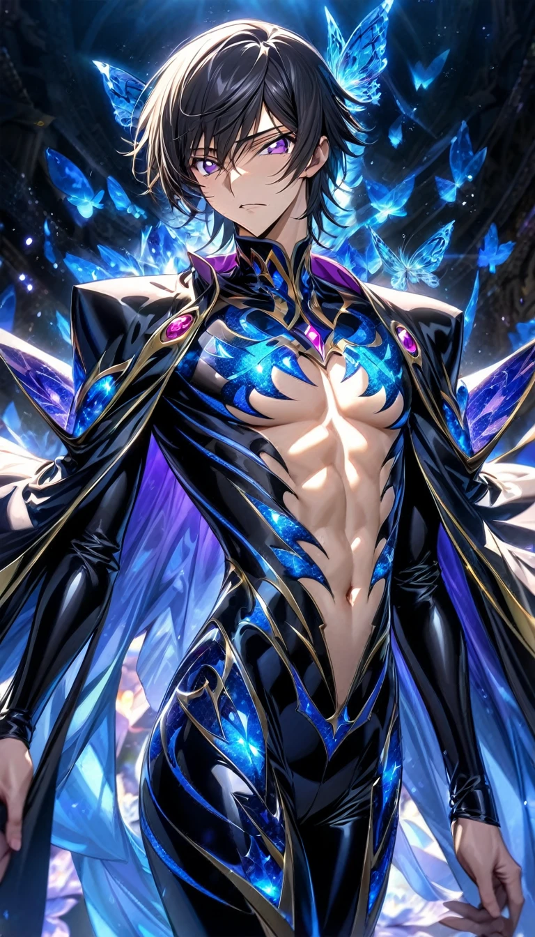 absurdres, highres, ultra detailed, HDR, master piece, best quality, Lelouch Lamperouge, black hair, expressive purple eyes, code geass, solo, sexy man, handsome, toned chest, black cape, black clothes, patterns, magical, fantasy, blue background, blue lotus, shining, blue petals, blue glittering butterflies, glass sculptures