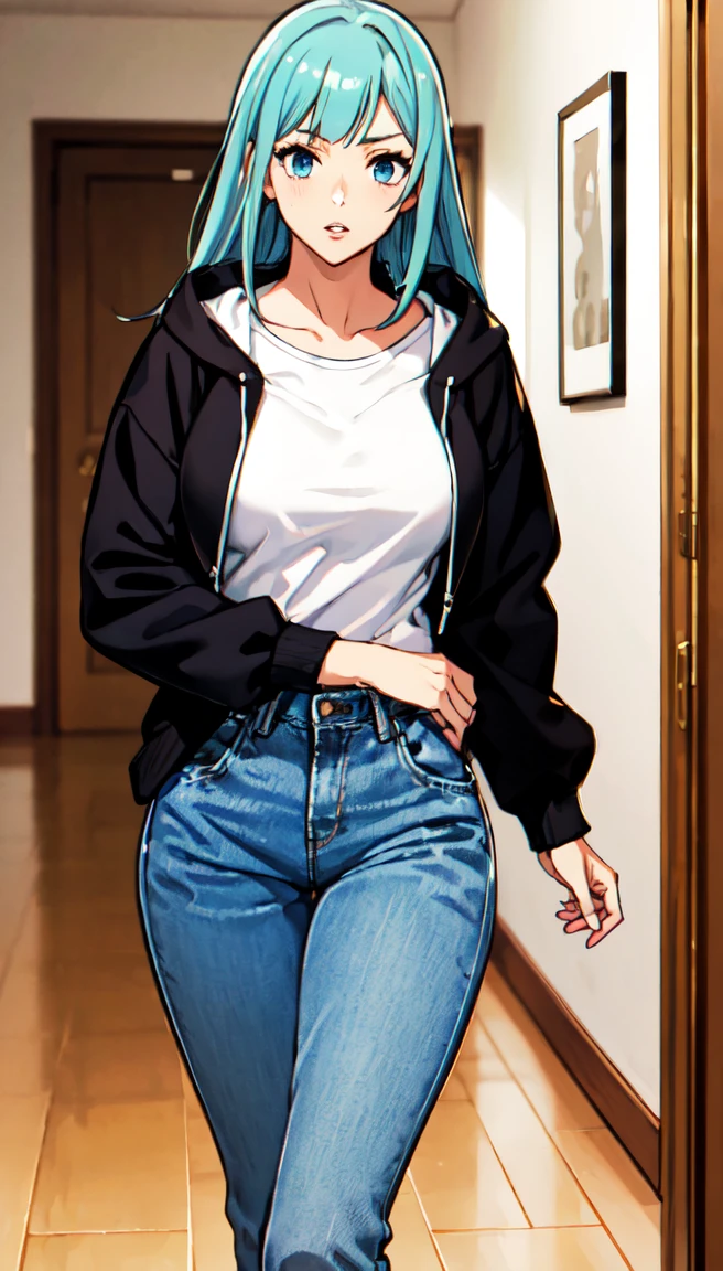 photorealistic, (4k), depth of field, (Masterpiece), (realistic skin texture), extremely detailed, intricate, hyper detailed, professional photography, bokeh, high resolution, sharp detail, best quality, girl, long hair, aqua hair, blunt bangs, blue eyes, dynamic pose, tan hoodie, beautiful thighs, indoors, (facing viewer), looking at viewers, large breasts,kasumi, miwa, kasumi miwa, mouth slightly open, hourglass shape,  soft lips, delicate lips, shiny lips, natural lips,  High waisted jeans, tight jeans, cropped hoodie, baggy hoodie, thick heavy hoodie, long sleeve, middle finger, giving camera the middle finger, extremely tight pants,indoors, in bedroom, slim waist, wavy hair