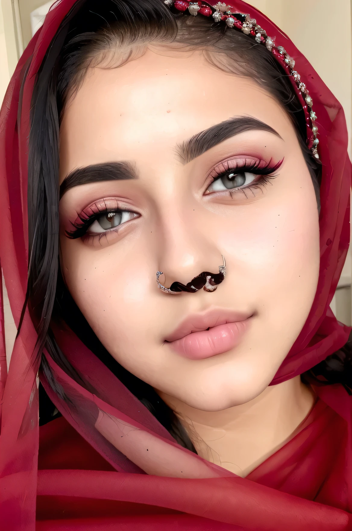 ((Best Quality))), ((Ultra HD))), ((Portrait Realistic))), (Intricate Details), 19 years old, black hair, wearing red hijab, perfect face, makeup: 1.5, centered on face, Eyes lined with kohl, plastic nose, facial details, short hair