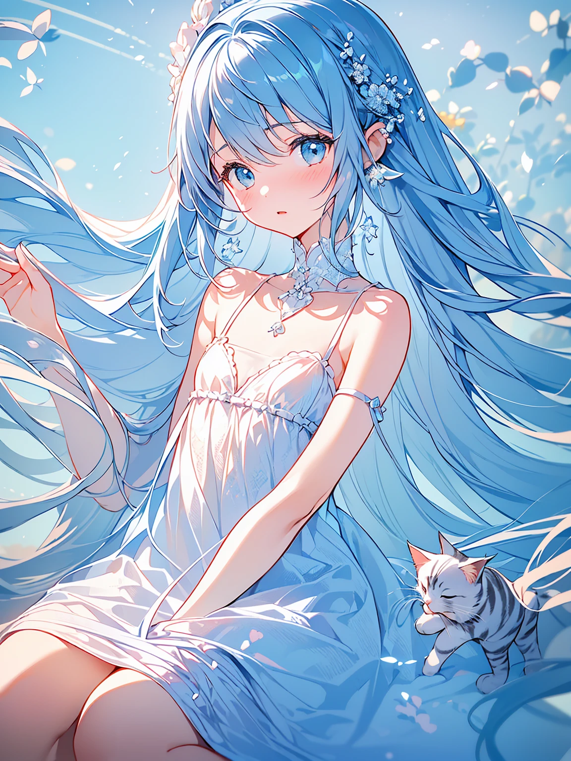 masterpiece, best quality, extremely detailed, (illustration, official art: 1.1), 1 girl, (((light blue long hair))), light blue hair, 10 years old, long hair ((blush)), cute face, big eyes, masterpiece, best quality, (((a very delicate and beautiful girl)))), amazing, beautiful detailed eyes, blunt bangs (((kitten,little delicate girl, flat chest)))), tareme (true beautiful: 1.2), sense of depth, dynamic angle, 1girl, kawaii, cute, , long hair, bangs, ,(mini cats on head:1.2),(best quality, ultra detailed, ultra hires),(absurdres:1.3),
