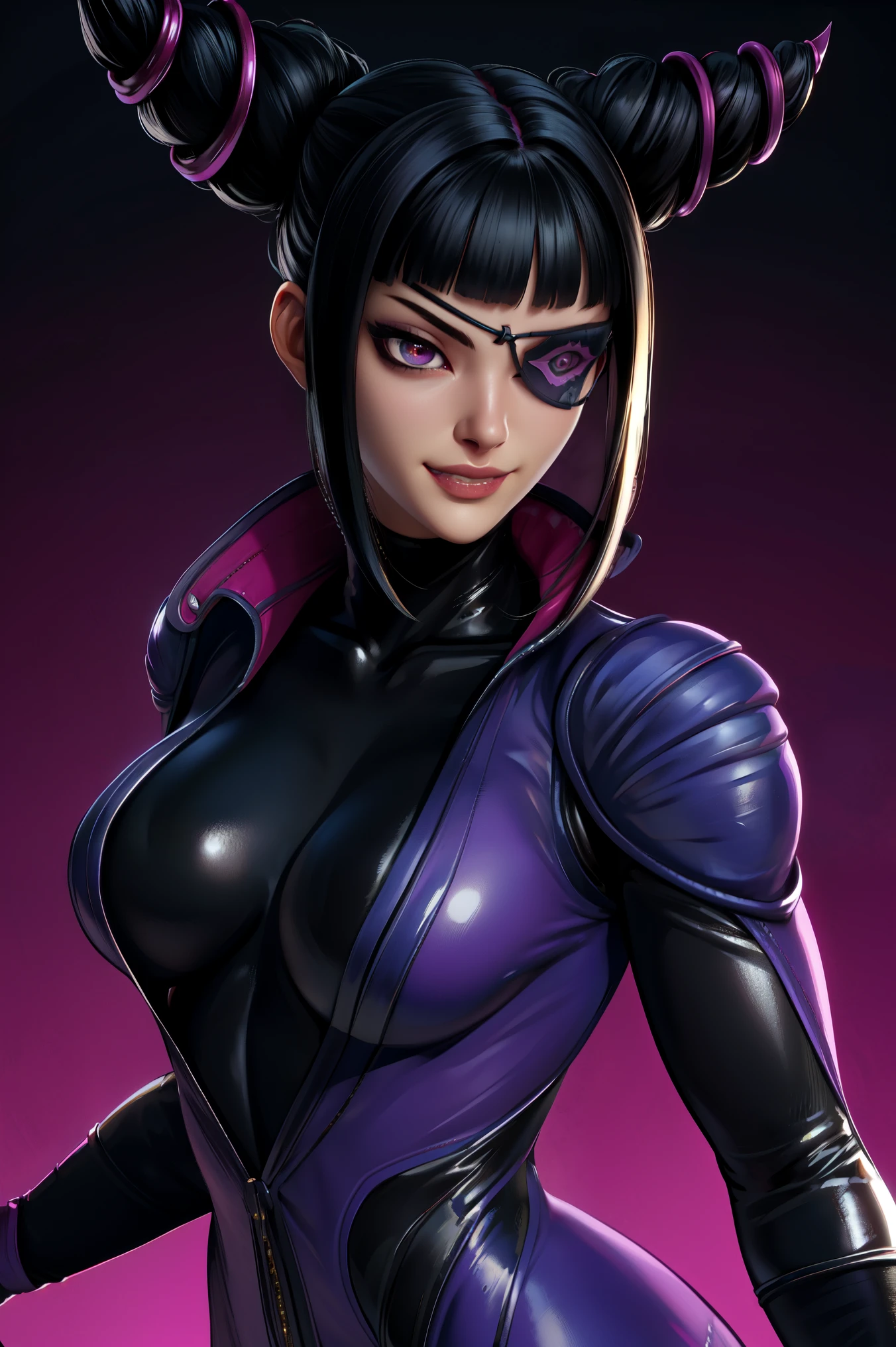 Juri , black hair,two-tone hair, hair horns, purple eyes, eyepatch,  
bodysuit, clothing cutout, 
standing, upper body, evil smile, 
night club,
(insanely detailed, beautiful detailed face,beautiful detailed eyes, masterpiece, best quality) , solo, dinamic poses, shinning eyes, walking, laying, sitiing, dinamic poses