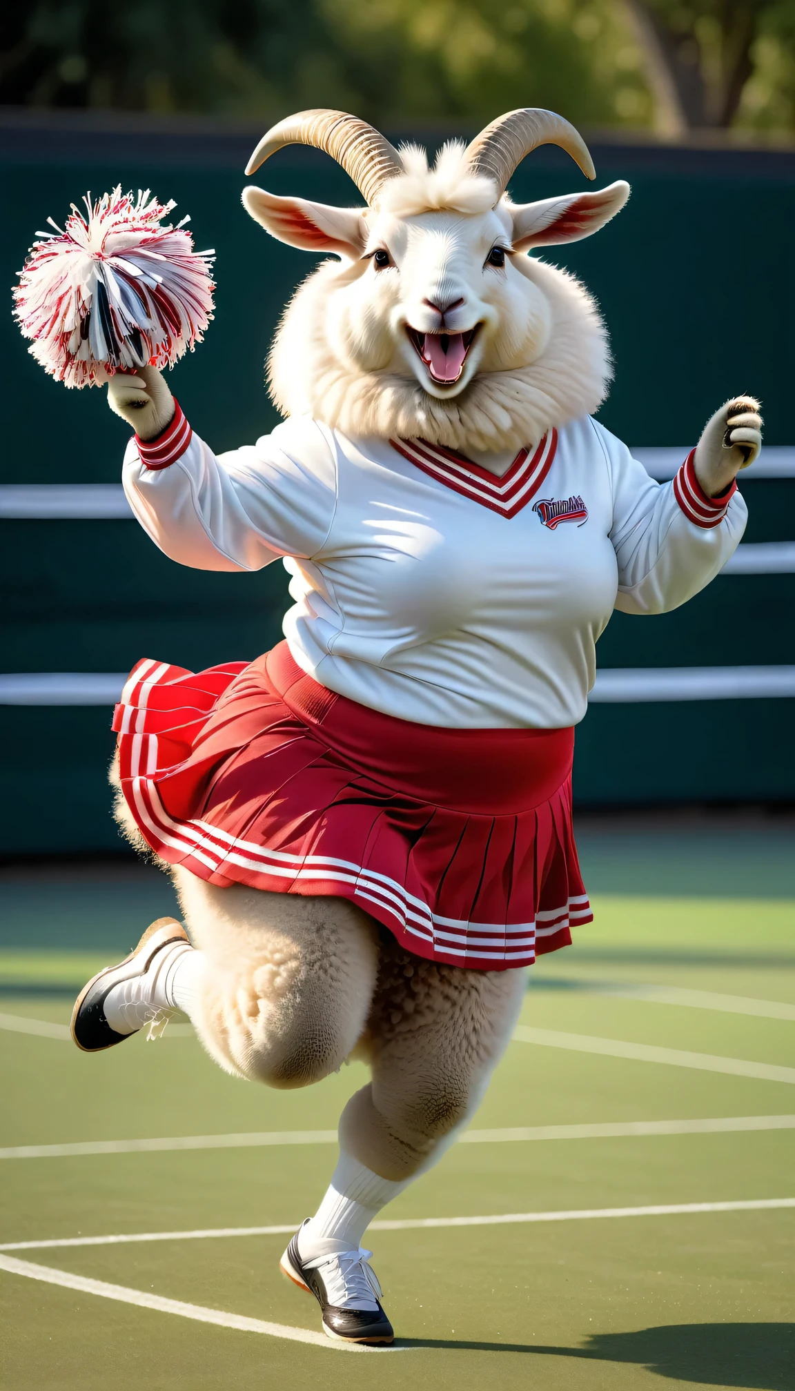 photorealistic portrait of Dressed animals - a ((fat)) angora goat cheerleader ,(action pose:1.5),(jumping),(happy smile),(furry), high quality,(lovely) ,intricate details, highly detailed (cheerleader wear), skirt and underwear, holding pom-pom, grass tennis court background , (happy), perfect lighting,(full body image:2.0)