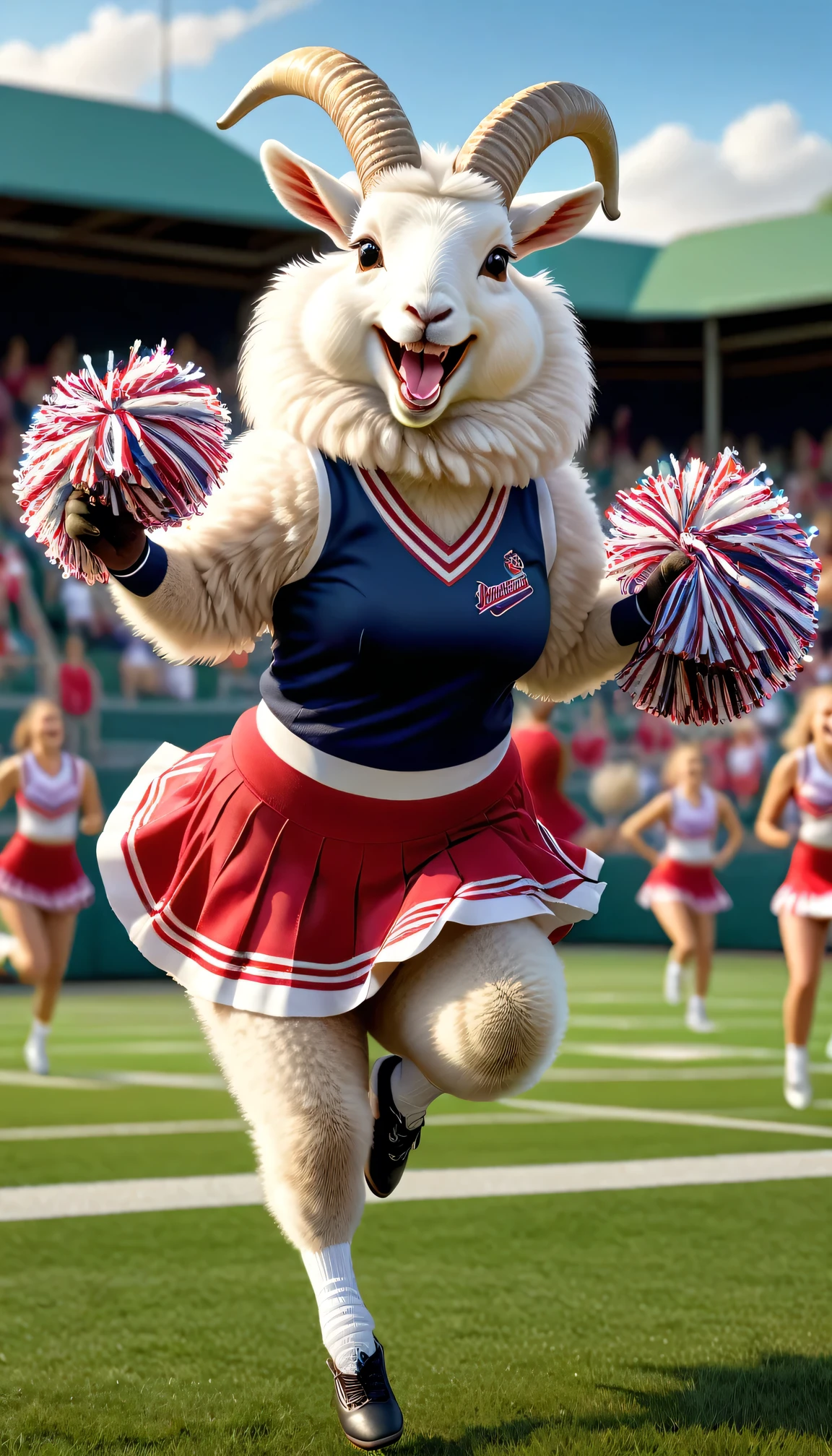 photorealistic portrait of Dressed animals - a ((fat)) angora goat cheerleader ,(action pose:1.5),(jumping),(happy smile),(furry), high quality,(lovely) ,intricate detailed decorations, highly detailed (cheerleader wear), skirt and underwear, holding pom-pom, grass sports field background , (happy), perfect lighting,(full body image:2.0)