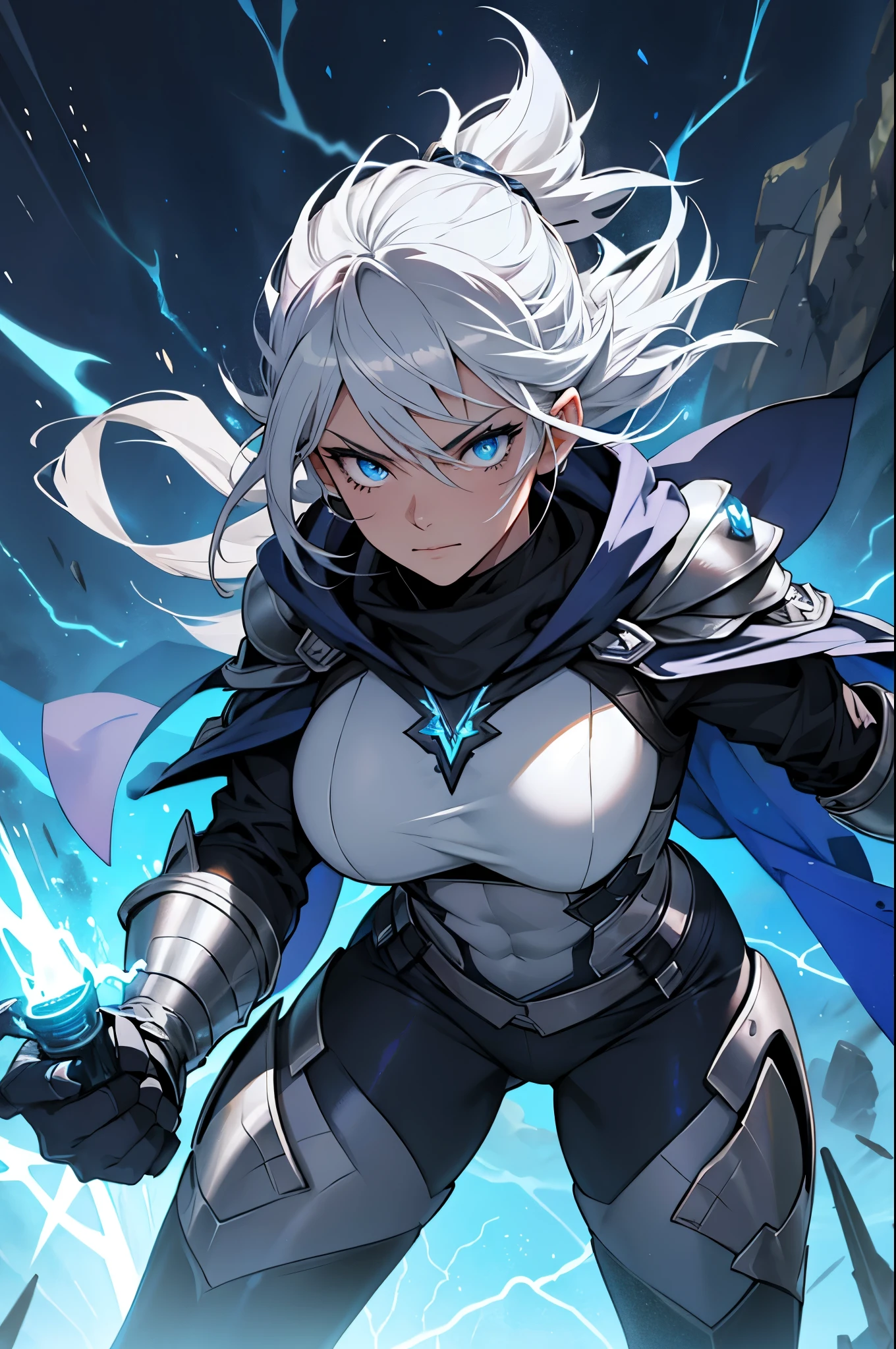 Illustrate Electra de la Tempestad in an action pose. She is brandishing her lightning-infused spear, ready for battle. Her shimmering silver armor and dark blue cloak with a silver lining add to her formidable appearance. Her intense blue eyes with silver sparks are focused and determined. Surround her with a dynamic aura of glowing light and electrical sparks to showcase her control over lightning and storms.