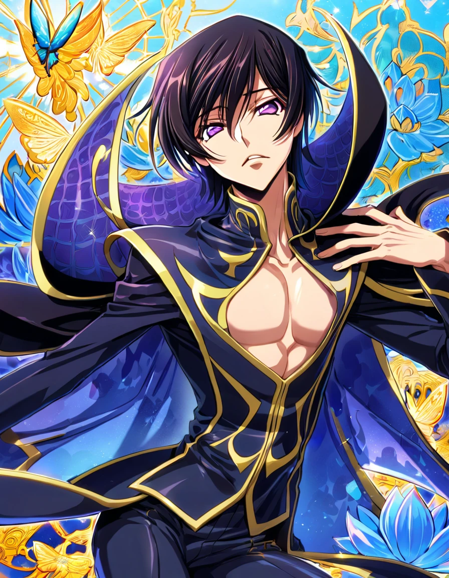 absurdres, highres, ultra detailed, HDR, master piece, best quality, Lelouch Lamperouge, black hair, expressive purple eyes, code geass, solo, sexy man, handsome, toned chest, black cape, black clothes, patterns, magical, fantasy, blue background, blue lotus, shining, blue petals, blue glittering butterflies