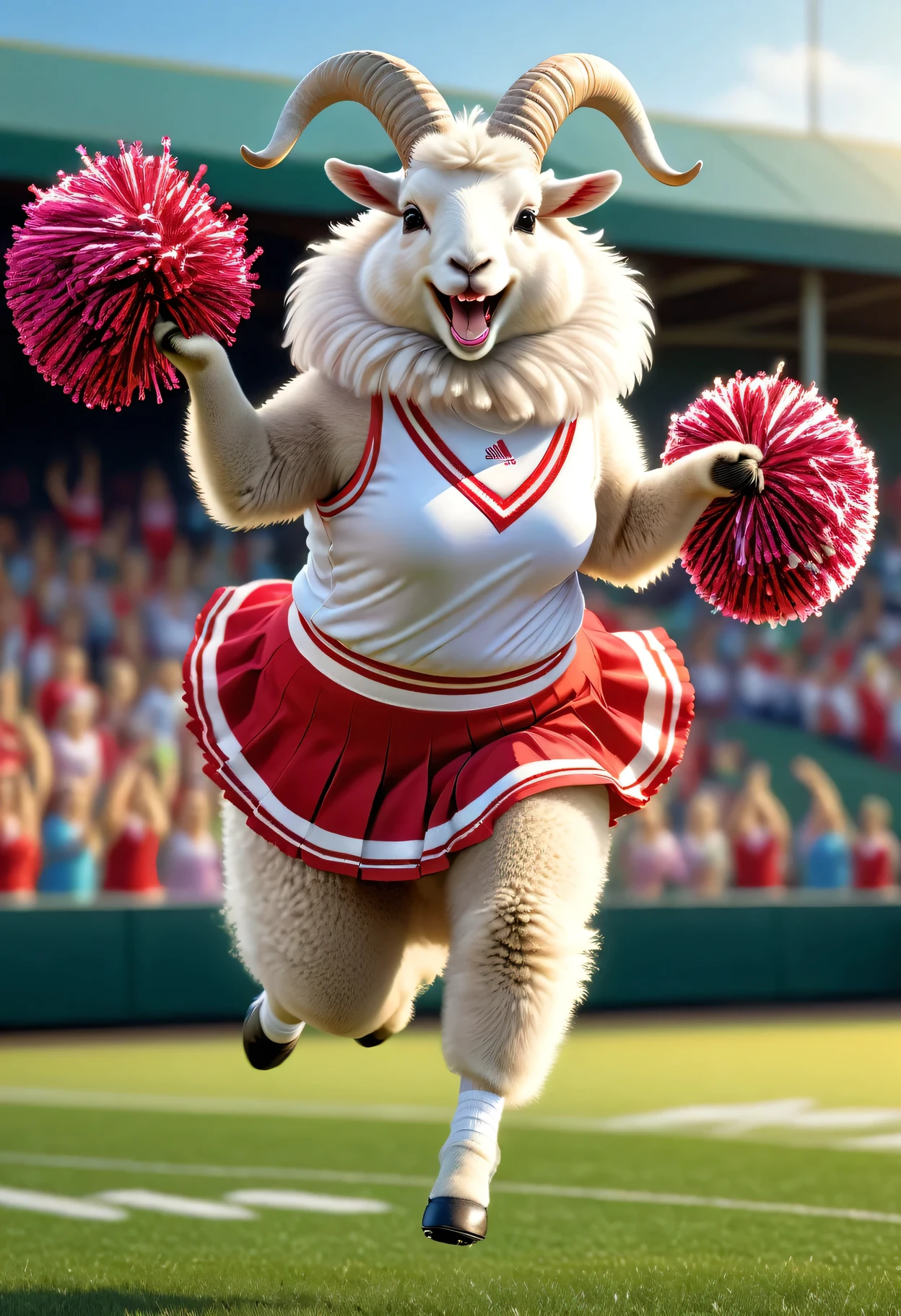 photorealistic portrait of Dressed animals - a ((fat)) angora goat cheerleader ,(action pose:1.5),(jumping),(happy smile),(furry), high quality,(lovely) ,intricate detailed decorations, highly detailed (cheerleader wear), skirt and underwear, holding pom-pom, grass sports field background , (happy), perfect lighting,(full body image:2.0)