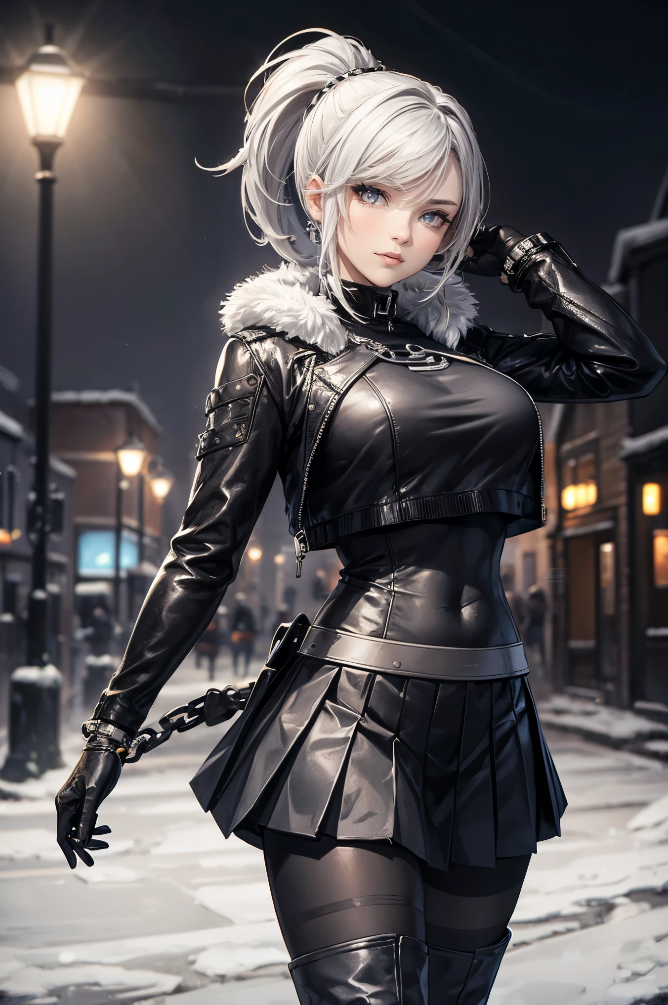 a woman, leggings, pleated skirt, sports top, high ponytail, high boots, long fur jacket, on a foggy moonlit night in a ghost town, detailed face, hyper detailed eye's, detailed lips, , with a metal chainned-colar in the neck, lineart