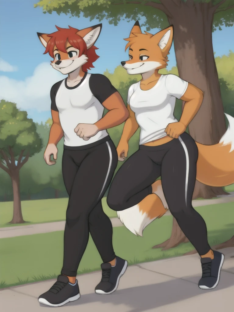 Furry, fox, smile, black leggings, white shirt, jogging with a partner, park, teen