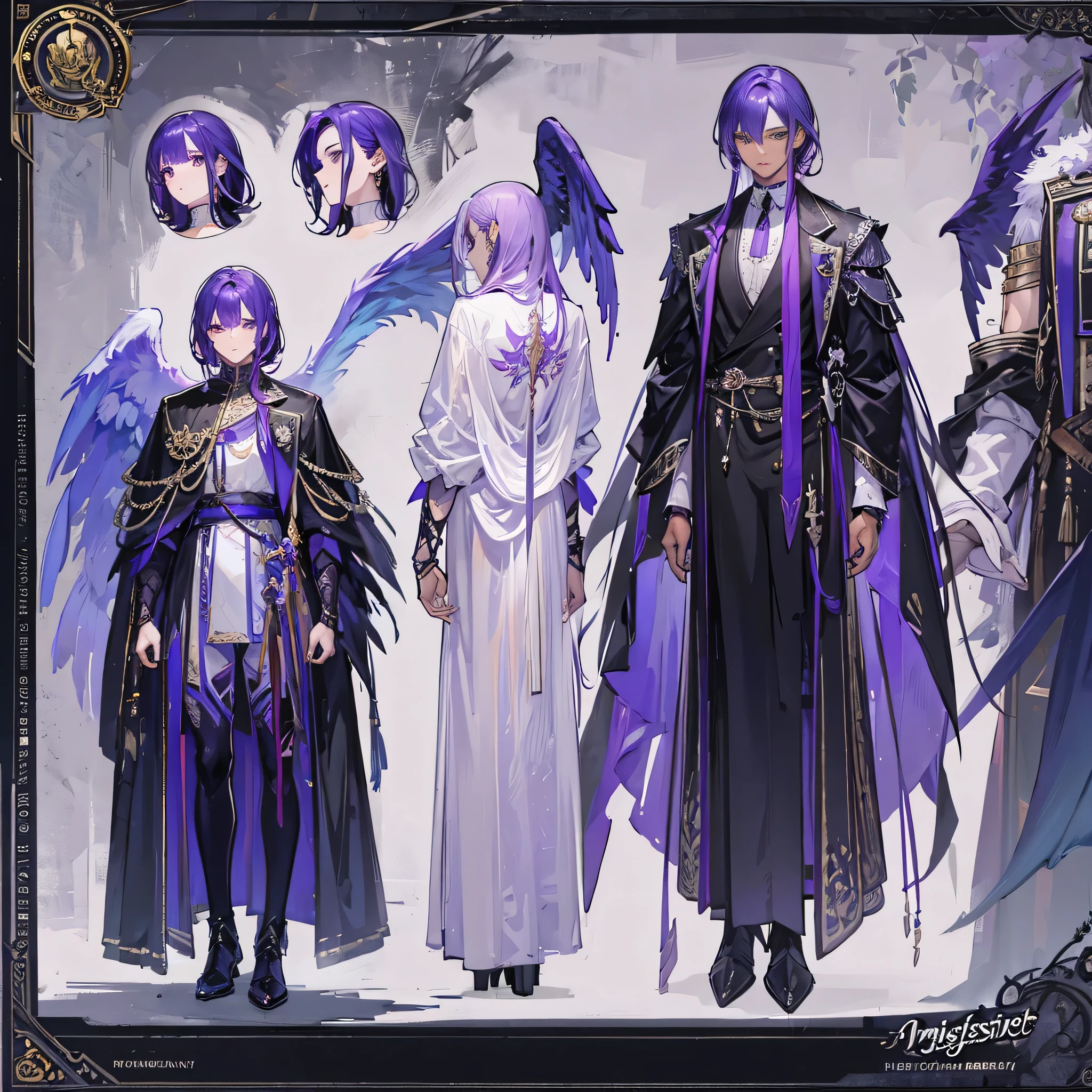 ((Masterpiece, Highest quality)), Male, 1 boy, Detailed face, character design sheet,full bodyesbian, Full of details, frontal body view, back body view, Highly detailed, character sheet, reference sheet, character design, Many parts, dark skin, angel wings, purple hair, angel outfit, Muscle boy with purple hair,handsome man, male angel , man tall,