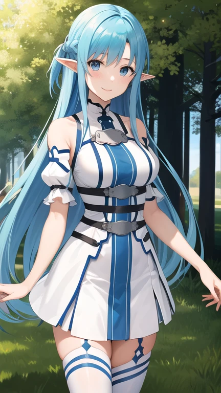 masterpiece, best quality, highres, bbasuna, long hair, blue hair, blue eyes, pointy ears, white dress, detached sleeves, blue thighhighs, standing, cowboy shot, outdoors, smile,
