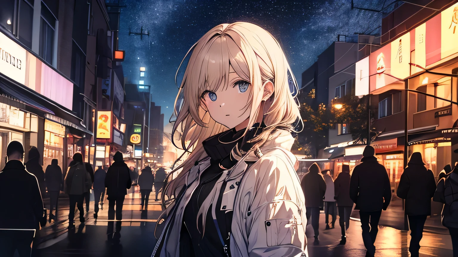 (masterpiece, highest quality, highest quality, Official Art, beautifully、aesthetic:1.2), 1 girl,Night City,Stroll through the downtown area,Cute older sister,Starry Sky,Upper Body,
