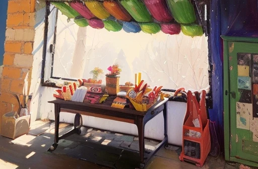 painting of a table with a bunch of candy on it, inspired by Wayne Thiebaud, inspired by Károly Ferenczy, inspired by Gustaf Munch-Petersen, gouache painting, gouache, inspired by Béni Ferenczy, inspired by George Luks, gouache on paper, inspired by Cuno Amiet, inspired by Gustave Caillebotte