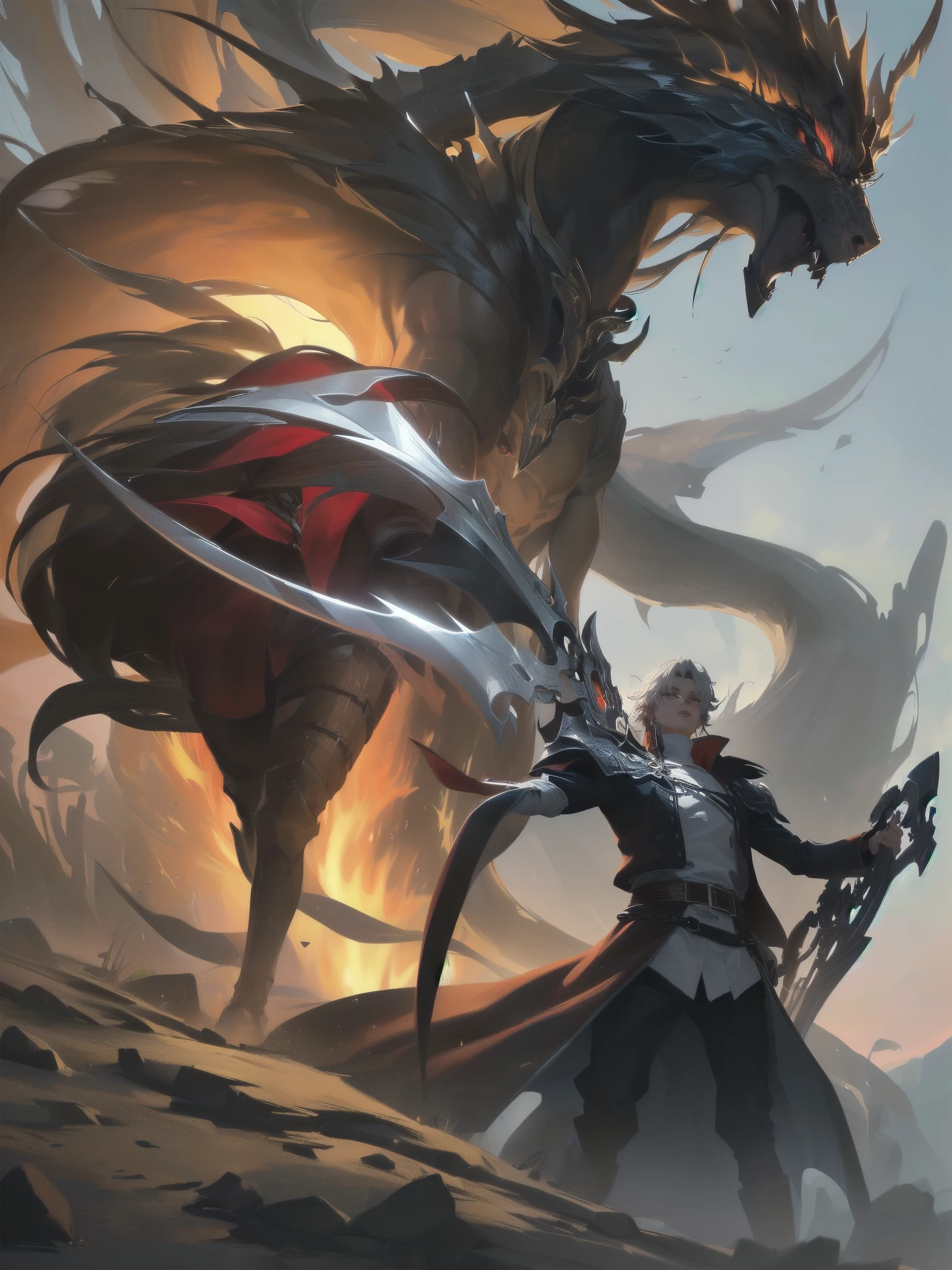 arafed image of a man standing on a cliff with a giant demon in the background, epic fantasy digital art style, epic fantasy artwork, epic fantasy digital art, anime epic artwork, epic fantasy art style hd, guildwar artwork, 4k fantasy art, epic fantasy game art, epic fantasy illustration, fantasy epic digital art, dark souls art, epic fantasy art. (absurdos, Altas Resoluciones, Ultra detallado, HDR), Obra maestra, La mejor calidad, final fantasy vii, 1hombre solamente, guapo, pelo largo, cabello negro, Ojos rojos vibrantes, ojos finos y cara detalladas, Armadura nordica, snowy mountains, frio, tonos azules, helado, hielo, ((Arma intrincada)), capa roja ondeando. ((Dragon a la espalda, dragon volando) Final Fantasy, badass pose, Personaje masculino de anime, Badass Anime 8K, Arte detallado del personaje de anime, Concepto de anime HDR Anime MacManus, Chico anime, Ikuto Yamashita, Anime CG arte suave, Fondo de pantalla de manga 4 k, inspirado por Yamagata Hiro, Wallaper de animea painting of a man with a sword and a red cape, epic anime style, anime epic artwork, epic fantasy digital art style, advanced digital anime art ”, portrait of ninja slayer, hero 2 d fanart artsation, epic fantasy style art, epic fantasy art style, high quality colored sketch, akira from chinese mythology, epic full color illustration