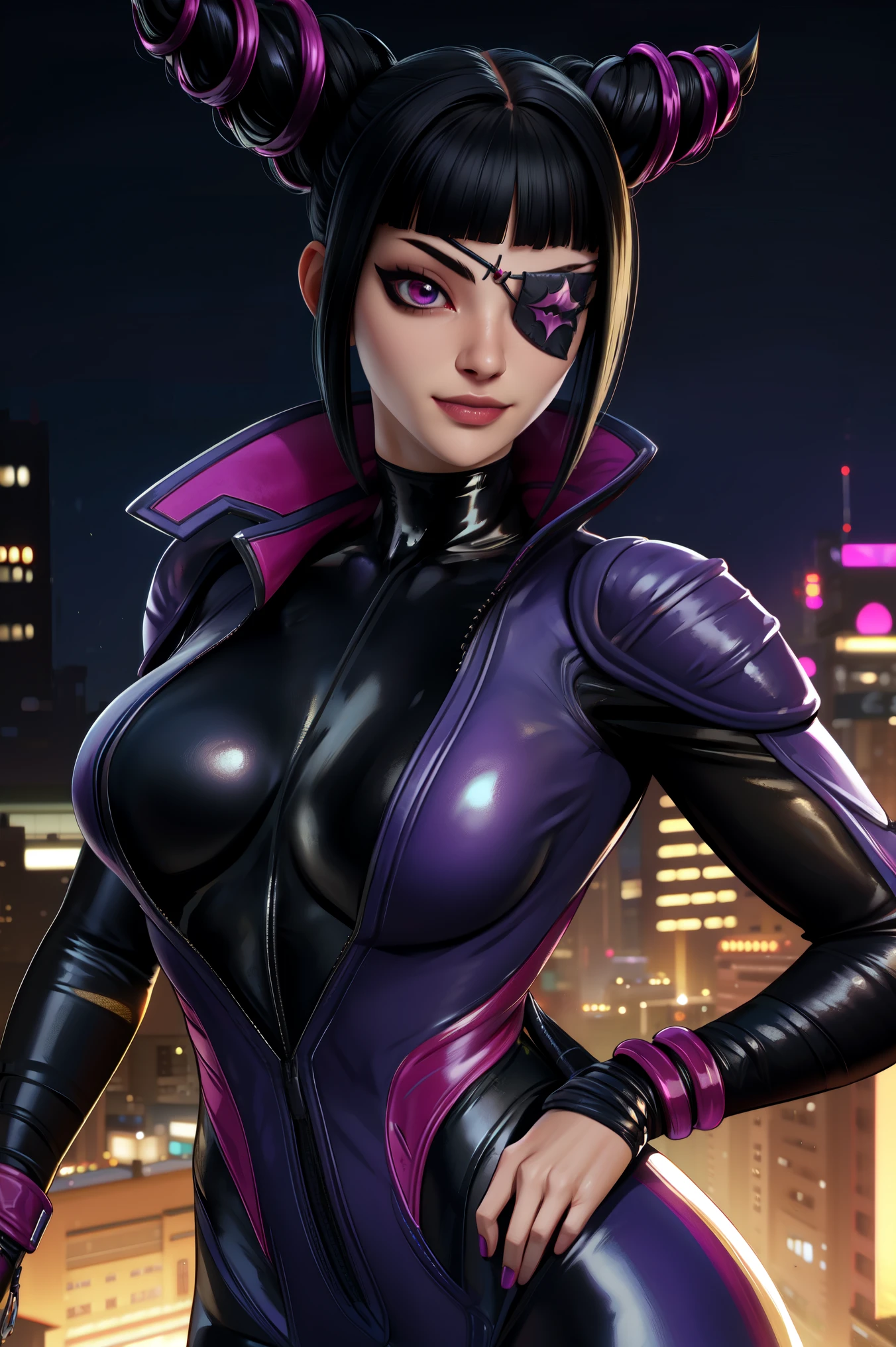 Juri , black hair,two-tone hair, hair horns, purple eyes, eyepatch,
bodysuit, clothing cutout,
standing, upper body, evil smile,
night club,
(insanely detailed, beautiful detailed face,beautiful detailed eyes, masterpiece, best quality) , solo, dinamic poses, shinning eyes, walking, laying, sitiing, dinamic poses