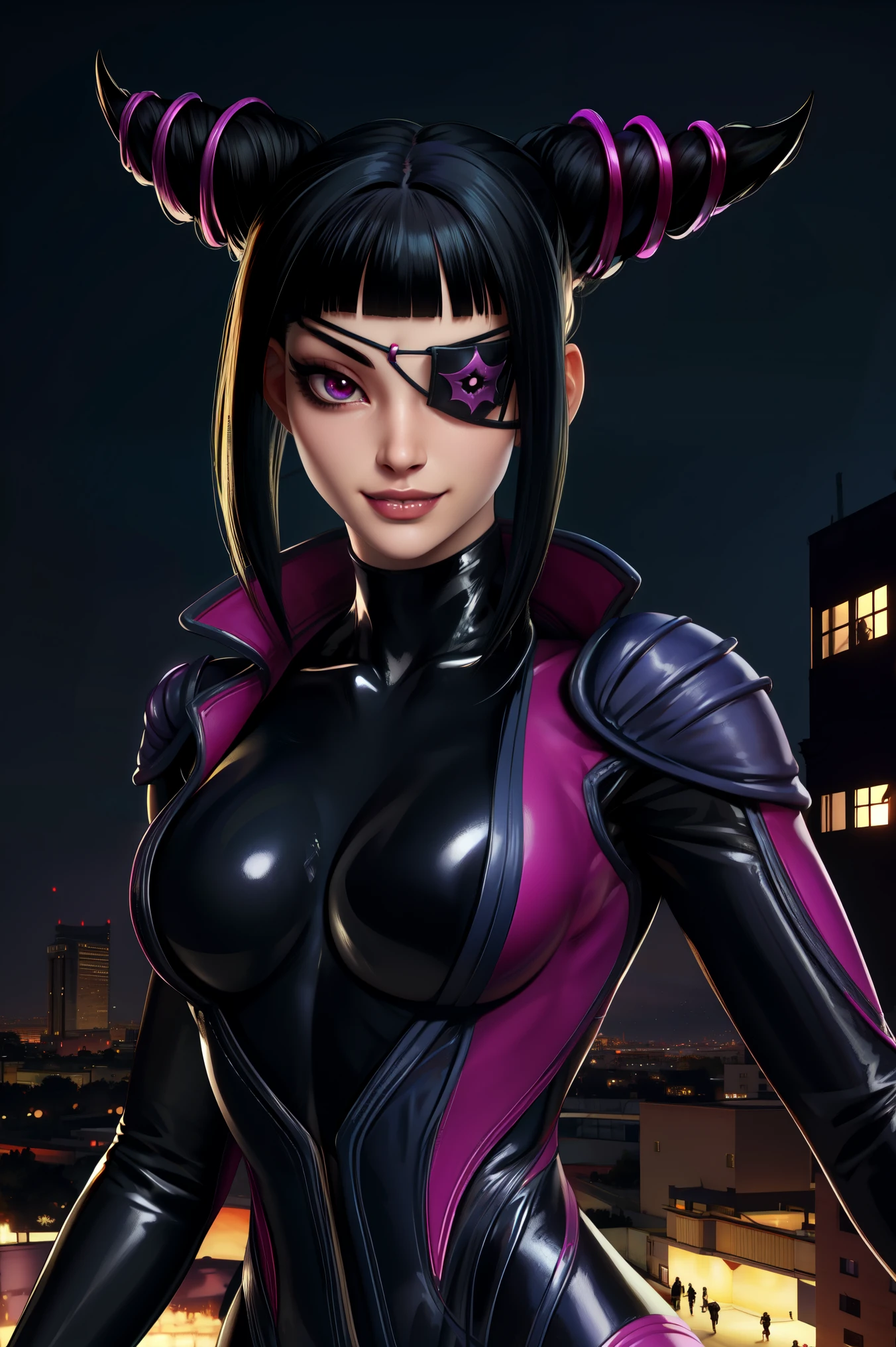 Juri , black hair,two-tone hair, hair horns, purple eyes, eyepatch,  
bodysuit, clothing cutout, 
standing, upper body, evil smile, 
night club,
(insanely detailed, beautiful detailed face,beautiful detailed eyes, masterpiece, best quality) , solo, dinamic poses, shinning eyes, walking, laying, sitiing, dinamic poses