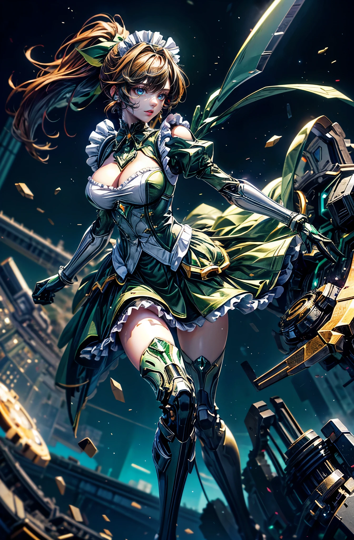 super high quality、8K quality、High resolution、Image quality captured with a single-lens reflex camera、(SFW)、Perfect Anatomy、(Emerald green color maid dress theme)Beautiful Mecha Girl、Beautiful 20 year old girl.Orange eyes、(Dark brown color medium hair、ponytail:1.)(Good shape、Normal chest、Cleavage)、3D, Realistic green color machine parts、(Shoulders and legs are exposed:1.2)(Real Mechanical Unit、The mechanism is concentrated on the back)、break(Wear a emerald maid dress:1.4)(Mechanical parts below the elbows and knees:1.3)break(Perfect Anatomy:1.4)break(Profile、look back、avert your eyes:1.4)(Aurora)(Major cities in Saitama Prefecture:1.5)(Dynamic Lens、Dynamic Angle)