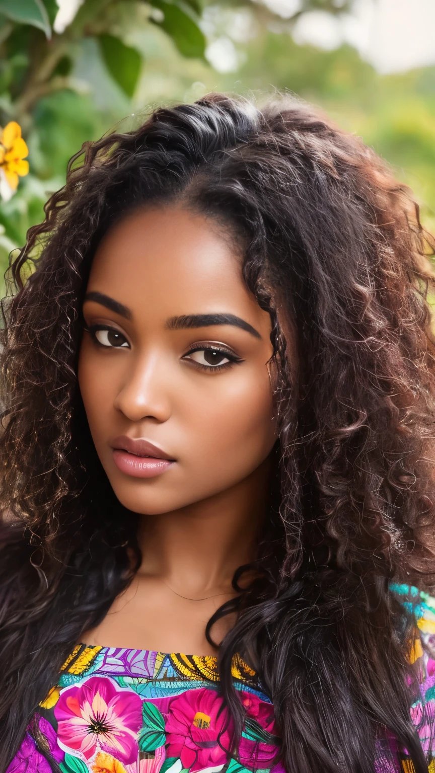 detailed portrait of a young african woman, long curly dark hair, beautiful intense eyes, delicate features, sitting in a field of colorful flowers, serene expression, warm natural lighting, high resolution, photorealistic, intricate details, dramatic lighting, cinematic composition, digital painting