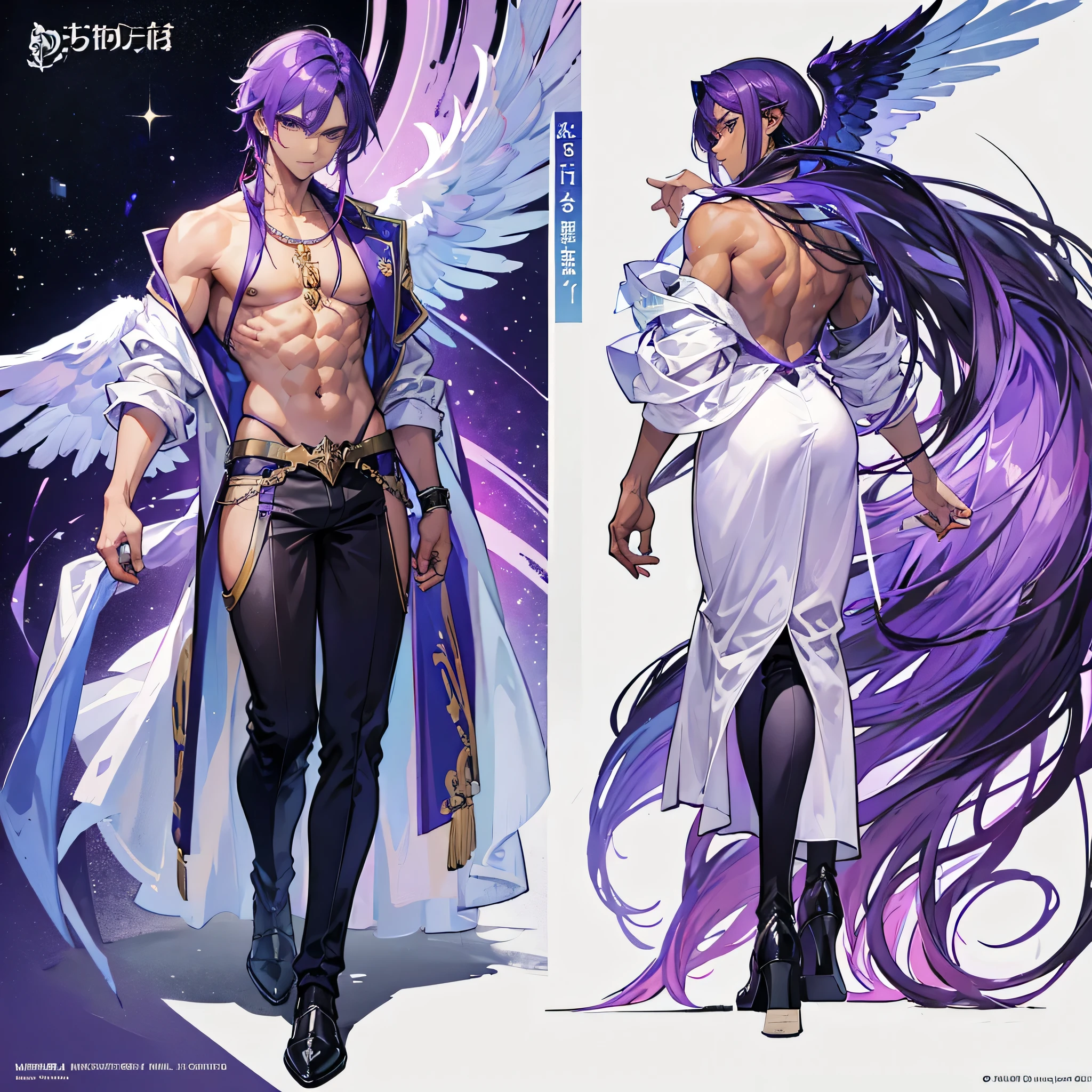 ((Masterpiece, Highest quality)), Male, 1 boy, Detailed face, character design sheet,full bodyesbian, Full of details, frontal body view, back body view, Highly detailed, character sheet, reference sheet, character design, Many parts, dark skin, angel wings, purple hair, angel outfit, Muscle boy with purple hair,handsome man, male angel , man tall,