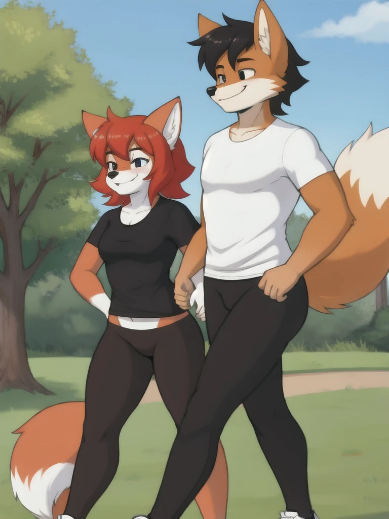Furry, fox, smile, black leggings, white shirt, jogging with a partner, park, 