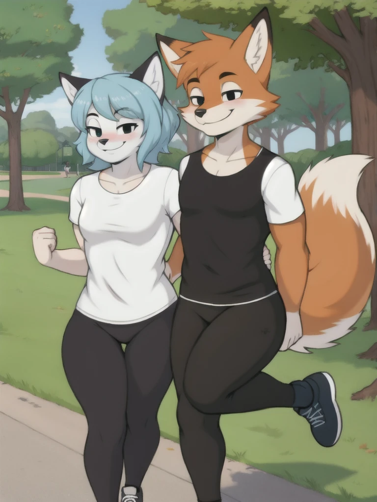 Furry, fox, smile, black leggings, white shirt, jogging with a partner, park, 