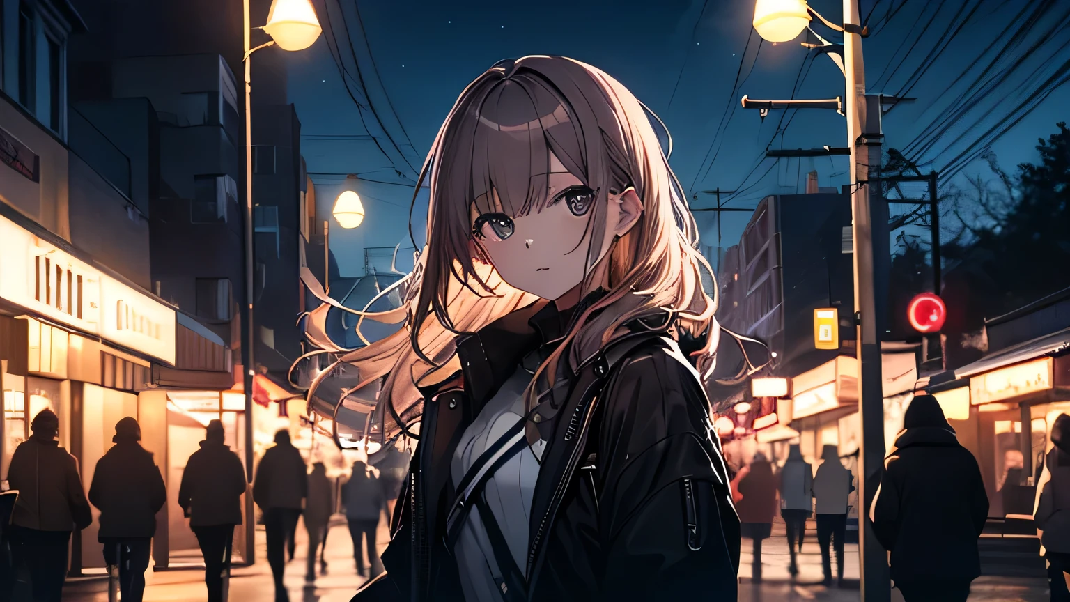 (masterpiece, highest quality, highest quality, Official Art, beautifully、aesthetic:1.2), 1 girl,Before dawn,Night City,Stroll through the downtown area,Cute older sister,Upper Body,