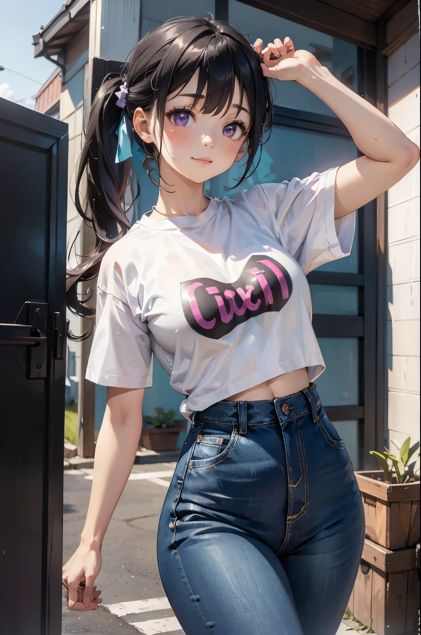 1 Girl, Solitary, shirt, Pants, denim, Chitanda era, Purple Eyes, Artist Logo, jeans, breast, long hair, white shirt, Smile, Ponytail, Black Hair, looking at the audience, Bangs, White background, Short sleeve, Peek into the belly, Simple background, Cowboy shooting, Put your hands behind your back, Shut up, blush, Hair accessories, medium breast, Alternative clothing, permanent, large breast, shadow, Side lock, blue Pants, t-shirt, sign, blunt Bangs, Alternative hairstyle, shirt tucked in,(((breast瘋狂腫脹)))((非常巨大的breast)),((Grooves reveal original skin))