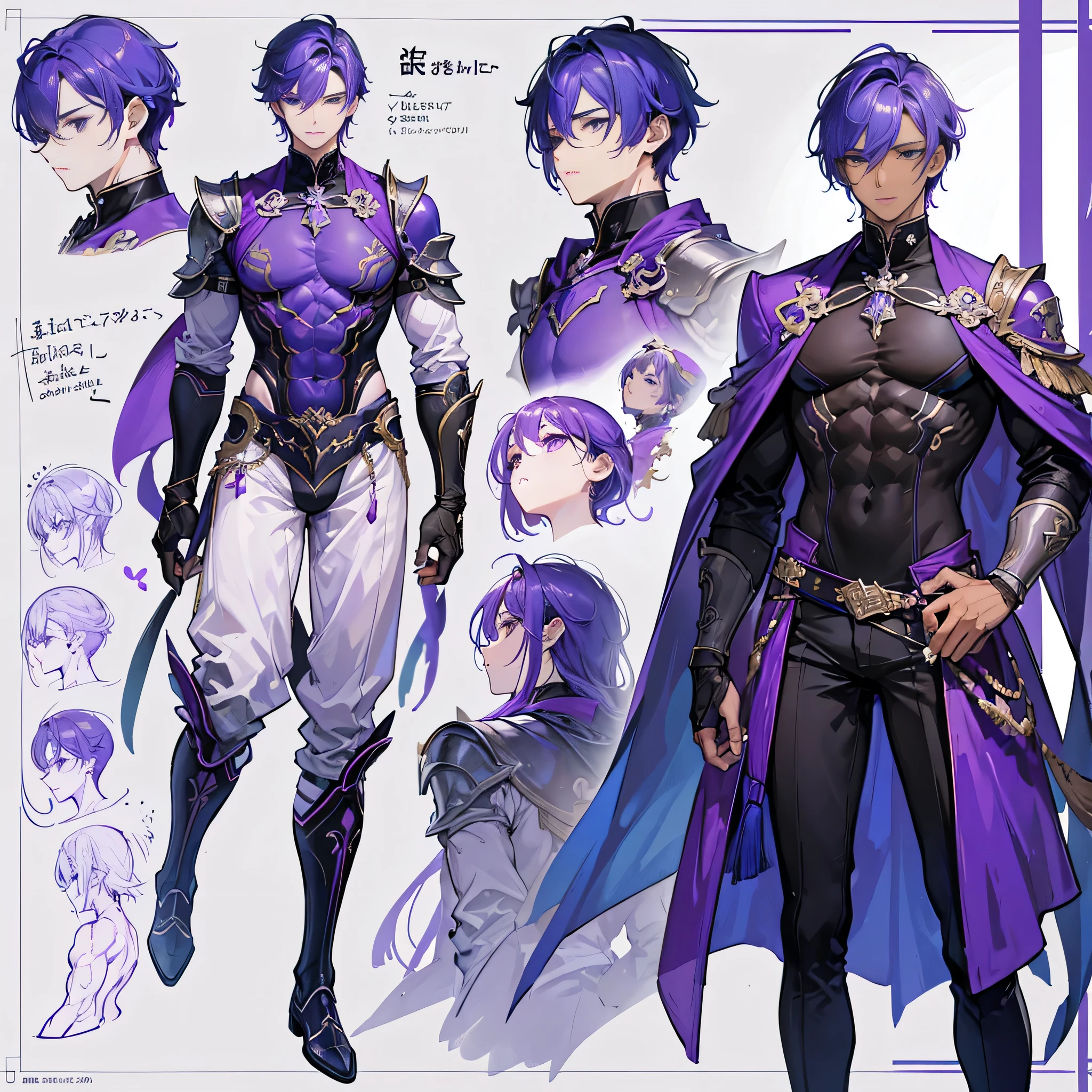 ((Masterpiece, Highest quality)), Male, boy, Detailed face, character design sheet,full bodyesbian, Full of details, frontal body view, back body view, Highly detailed, character sheet, reference sheet, character design, Many parts, dark skin, angel wings, purple hair, angel outfit, Muscle boy with purple hair,handsome man, male angel , man tall, abs, pectoral muscle