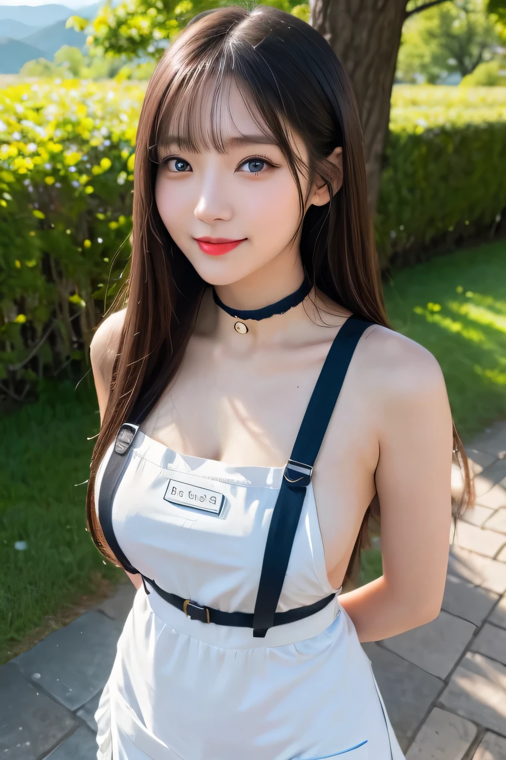 (highest quality, masterpiece:1.3, 超A high resolution), (Very detailed), Very detailed,High resolution 16k, Human skin close-up, The skin texture is natural, It must be detailed enough to be easily identifiable, Skin should look healthy and have an even tone, Use natural light and color, ((apron)), ((the body is slim)), girl, Japanese, 18-year-old, cute, Long Hair, Big Breasts, smile, Turn your body forward, (View from the front:1.1), Looking into the camera, focused on the chest, Light chestnut straight long hair, ((Black choker)), very long eyelashes, blue eyes, bangs, Big Breasts, Red lips, Fantasy、Mountain、blue sky、hiking、tent、Full body portrait、oak tree、Giant wood