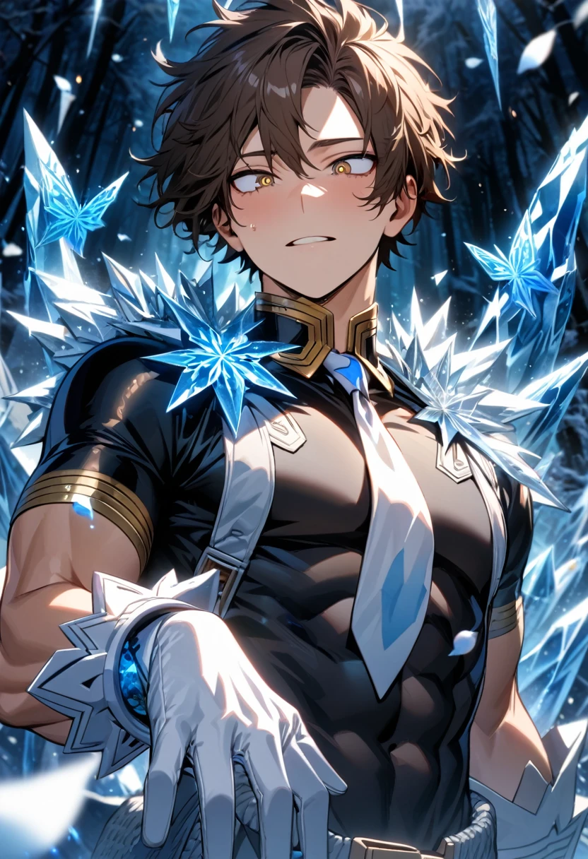 Ultra detailed, Highres, absurdres, HDR, Chisaki Kai, Overhaul, dark brown hair, short hair, expressive golden eyes, white necktie, black shirt, glittering ice blue butterflies, Boku No Hero Academia, white gloves, petals, handsome, sexy man, solo, very detailed eyes and face, master piece, toned chest, glittering, ice, white ice flowers, snowflakes, winter, best quality, ice forest