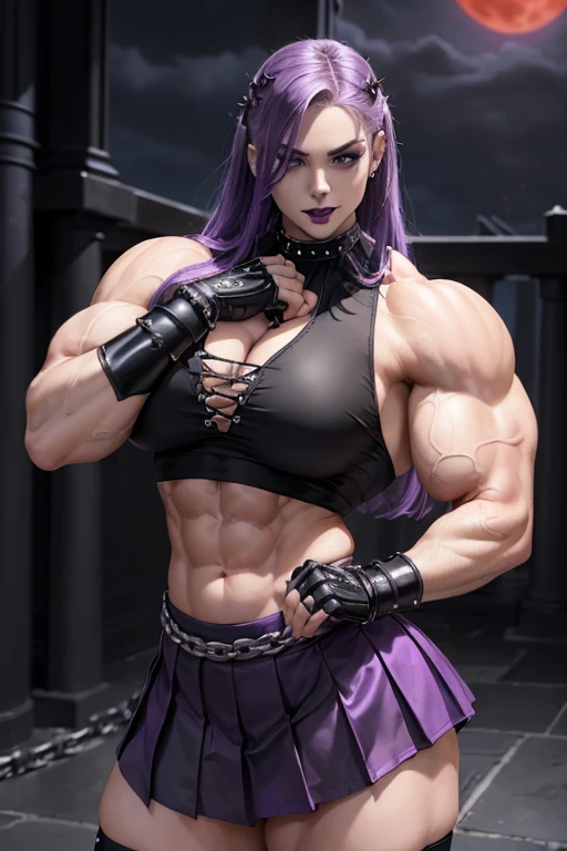 (((Massive, beautiful, buff, pale white skinned muscular woman with violet purple hair, black lipstick, ginormous bulky muscles, wearing a gothic uniform top with pleated gothic skirt))), {close-up view}, massive muscle, massive biceps, hyper muscle shoulders, ginormous muscle arms, hyper muscle triceps, (long hair with long bangs), black eyes, spiked choker, gothic uniform top, chain belt, black spiked boots, spiked gauntlets, fingerless gloves, (standing in a dark gothic schoolyard), evil smirk, night, red moon, red skies, hyper vascular arm, hyper muscles arms, hyper muscle legs, ginormous arms, {close view}