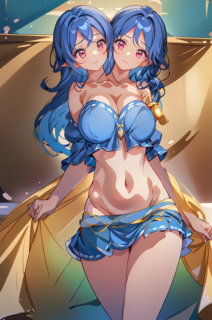 (masterpiece, best quality), best quality, (ultra-detailed), (3heads:1.5), 1girl, (Megumu Iizunamaru:1.3), masterpiece, best quality, ultra quality, ultra resolution, ultra detail, dark blue top, crop top, ((stomach)), midriff, ((groin)), dark blue skirt, normal ears, shackles, blue hair, very long hair, wavy hair, sidelocks, red eyes, detailed eyes, parted lips, open belly, sweat, cute, toned belly, hand on own chest, eyelashes, (24 year old woman:1.3), (masterpiece:1.5), (best quality:1.5), (beautiful detailed), extremely detailed CG, extremely delicate and beautiful, depth of field, (finely detailed face), (perfect details:1.2), (mature female:1.3), wide pelvis, slender, large veiny breast, 16k resolution, highres, high quality, high definition, extremely detailed, masterpiece, blue hair, long hair, alluring presence, braid, short skirt, close up, big tits, young, blue tokin, golden pauldron, (girl with three heads),