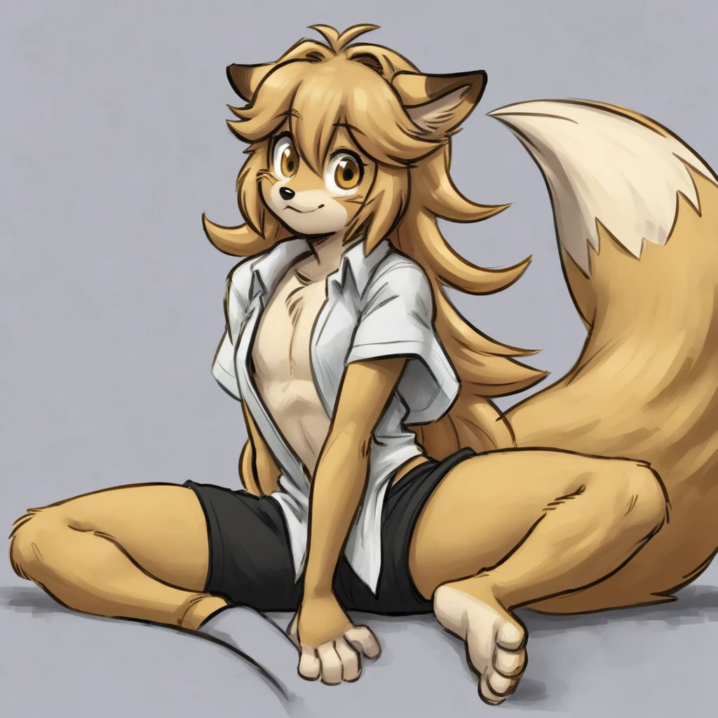 cute light creamy yellow fur and light yellow creamy hair, cute in black shorts and cute big fluffy fox ears and long big fluffy fox tail, very_long_hair fenboy and big hips and Five Nights at Freddy's Style head paw and feet paw, very_long_hair mike-twokinds, hair flaps open shirt, very_long_hair, mike-twokinds, hair flaps