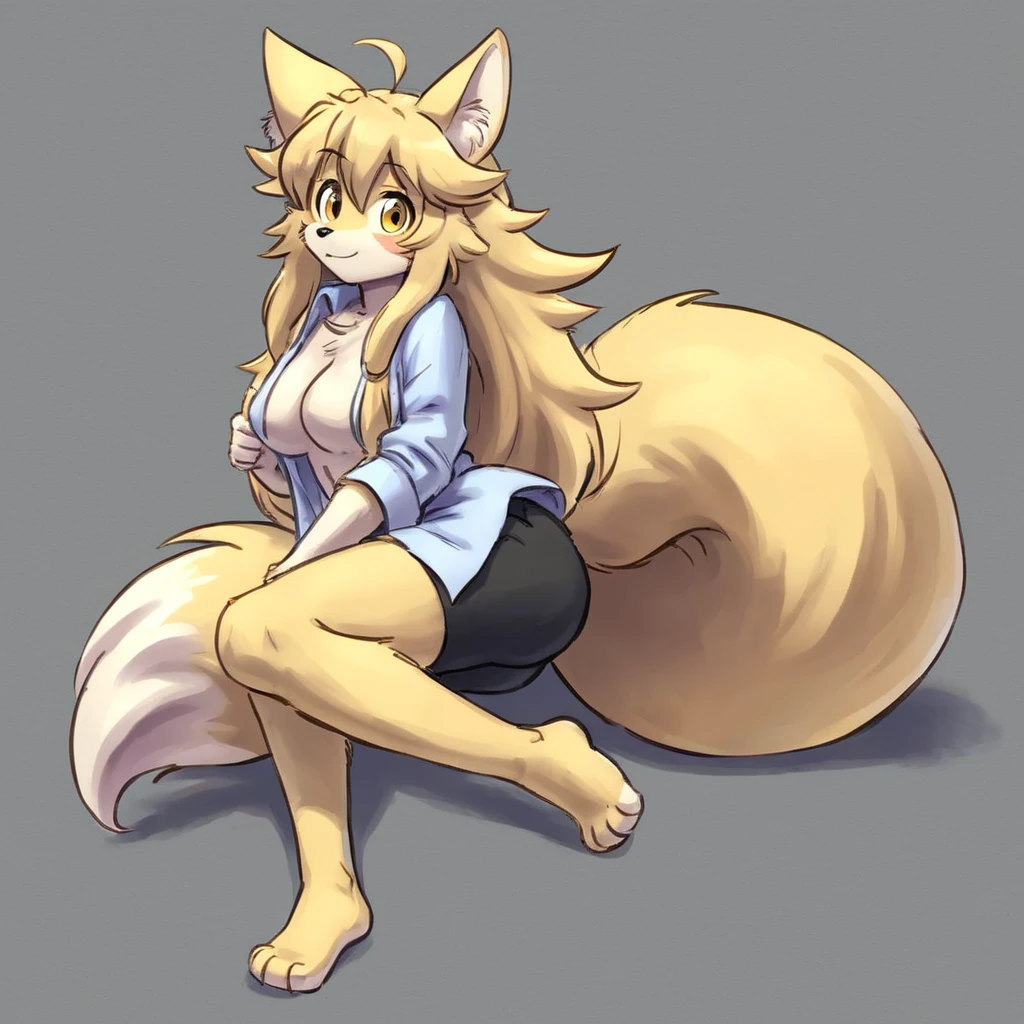 cute light creamy yellow fur and light yellow creamy hair, cute in black shorts and cute big fluffy fox ears and long big fluffy fox tail, very_long_hair fenboy and big hips and Five Nights at Freddy's Style head paw and feet paw, very_long_hair mike-twokinds, hair flaps open shirt, very_long_hair, mike-twokinds, hair flaps