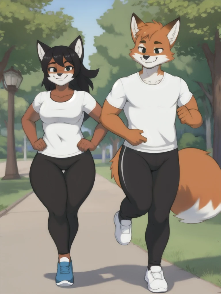 Furry, fox, smile, black leggings, white shirt, jogging with a partner, park,