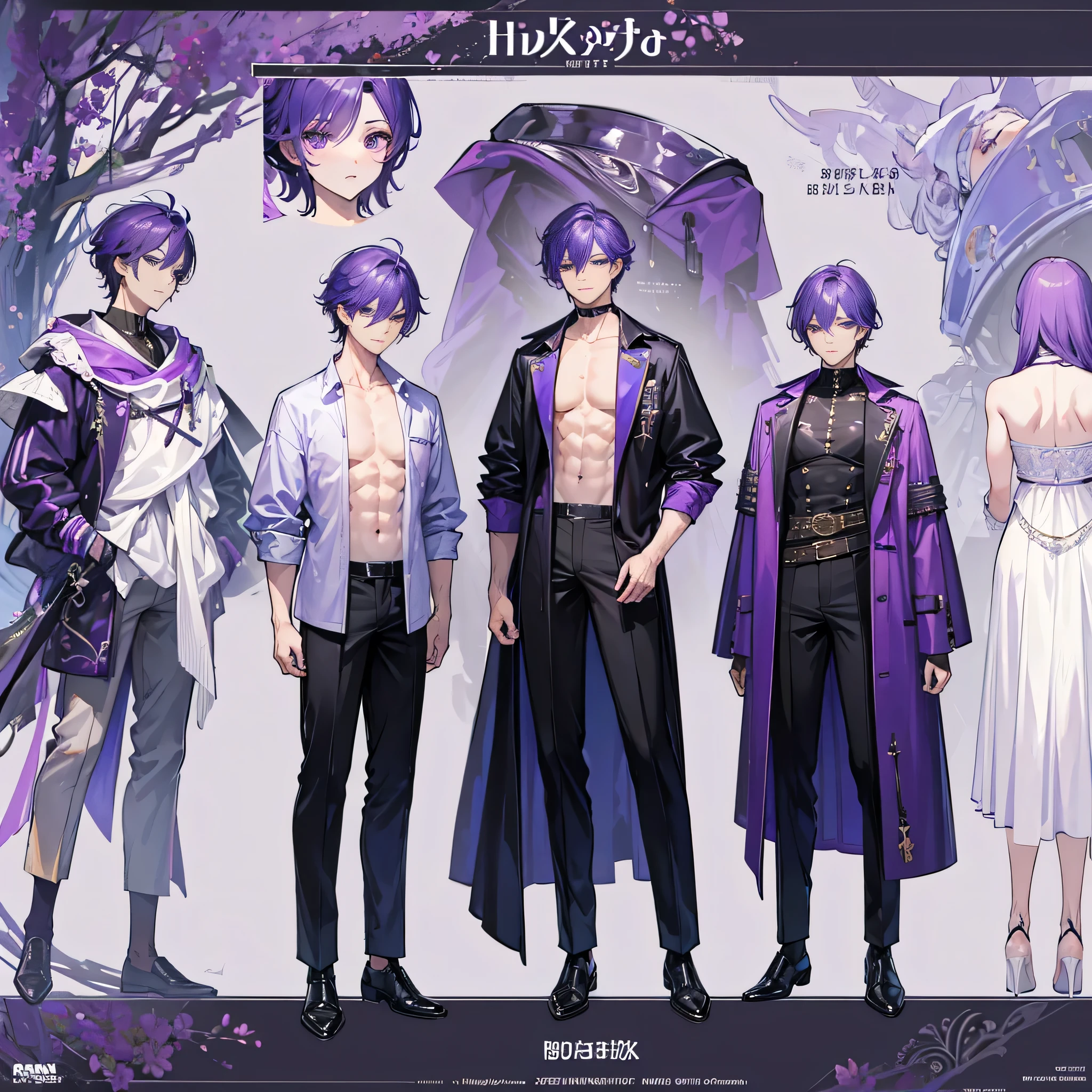 ((Masterpiece, Highest quality)), Male, boy, Detailed face, character design sheet,full bodyesbian, Full of details, frontal body view, back body view, Highly detailed, character sheet, reference sheet, character design, Many parts, dark skin, angel wings, purple hair, angel outfit, Muscle boy with purple hair,handsome man, male angel , man tall, abs, pectoral muscle