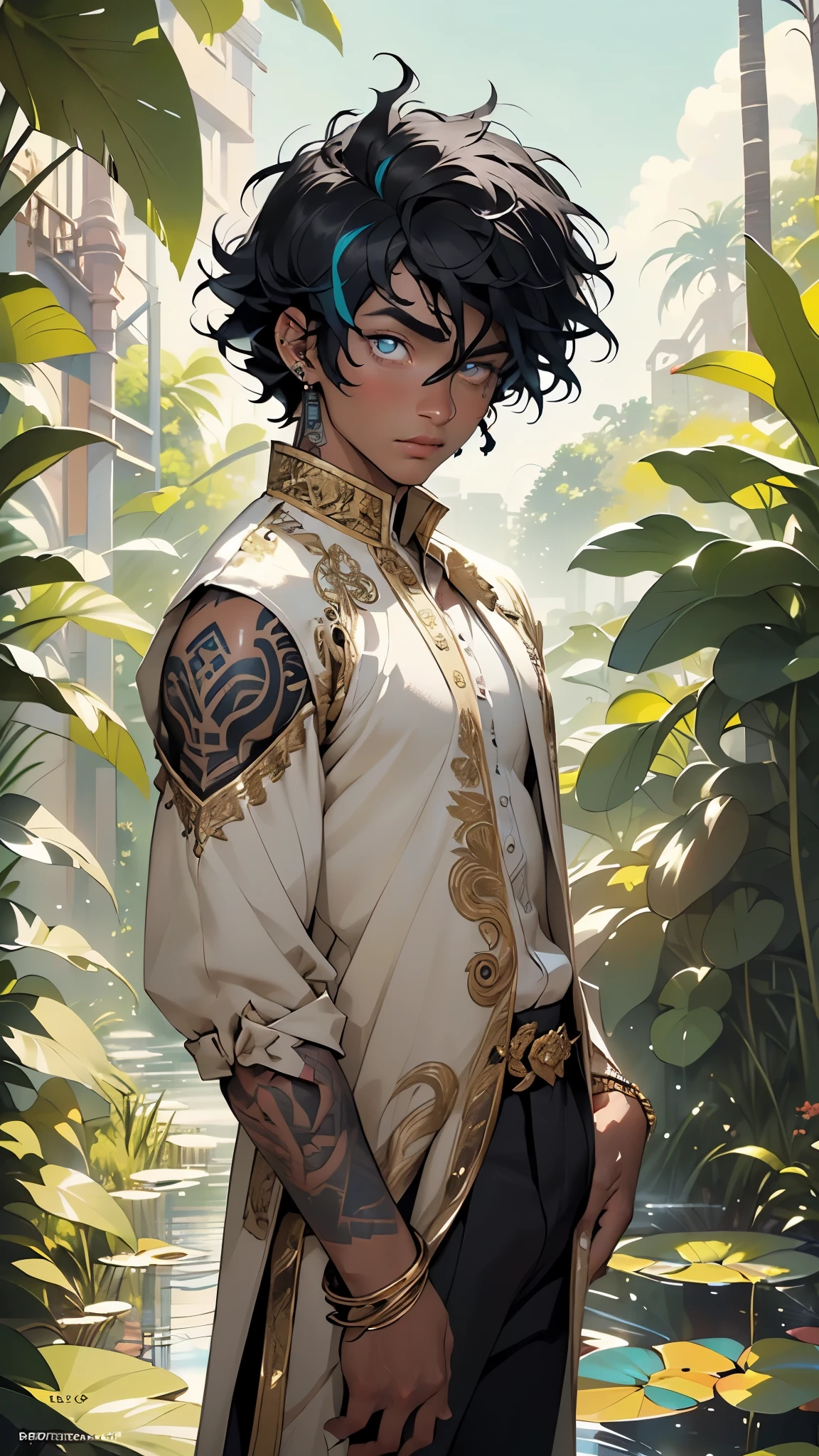 (male) of ancient Egypt,Egyptian (Sexy Haitian egyptian boy),((((1male,1 male, 1man, 1 man:1.5,man,male,male gender:1.5)))),((((young man,22 year old man,young)))),macho man,((((black race)))),

(((black Afro:1.5, rainbow hair:1.5))),(((eyes golden:1.3))),intricate eyes,beautiful detailed eyes,symmetrical eyes,(ultra-detailed black eyes:1.1,symmetrical eyes:1),man chest,(((dark skin lustrous skin:1.5,tanned skin,bright skin: 1.5,skin tanned,shiny skin,very shiny skin,shiny body))),perfect face,flat chest,slim figure,(((detailed face))),

((wicked man,dark character,corruption)),opulent,sumptuous,

(((tons of tattoos and piercings))),egyptian accessories,usekh collar,egypt mercenary clothes,long skirt,arabic pants,((bulge in pants)),gold necklace,(((intricate outfit,embroidered outfit,ornate outfit,intricate clothes,embroidered clothes,ornate clothes))),

dynamic pose,looking at viewer,happy,centered,scale to fit dimensions,Rule of thirds,

outdoors,overgrown,(overgrown background,glowing crystals,bioluminescent plant),scenery,extremely scenery,(((glowing crystals,bioluminescent plants))),(puddles everywhere,moss,moss on the background),clouds,lily pads,palms,reeds,(sunset, golden hour),

(Glossy Egyptian ornaments),highres,sharp focus,(ultra detailed,extremely detailed),(photorealistic artwork:1.37),(extremely detailed CG unity 8k wallpaper),(((vibrant colors,vibrant theme))),(intricate),(masterpiece),(best quality),artistic photography,(photography taken by sldr),(intricate background),perfect rendered face,perfect face details,realistic face,photo realistic,((intricate detail)),(((realism))),
