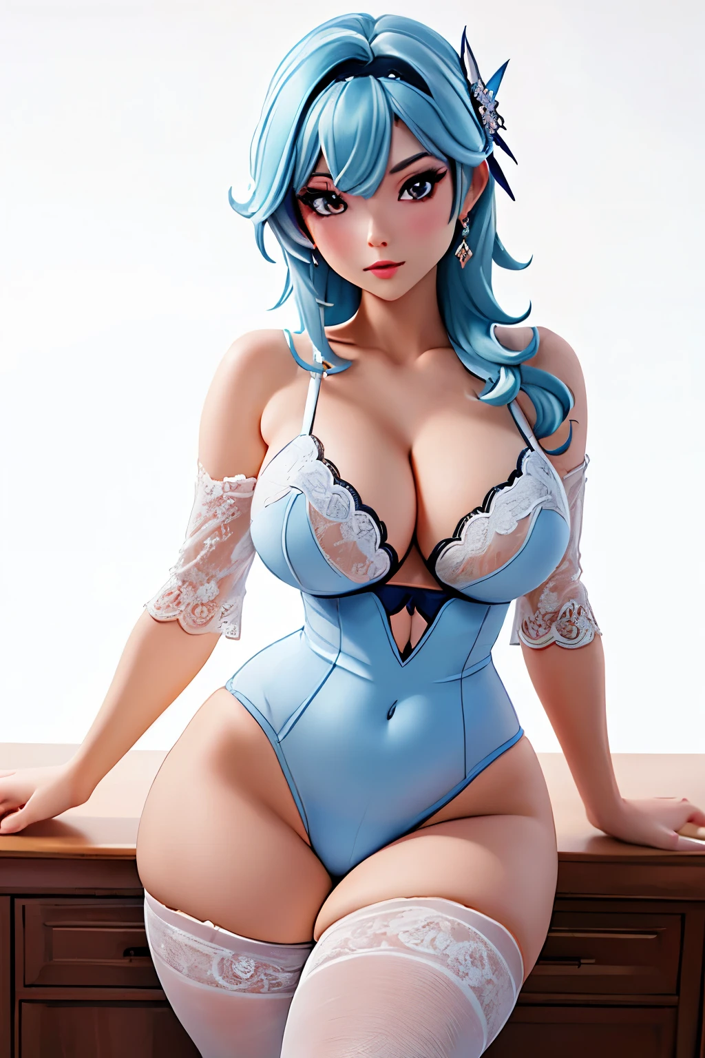 (masterpiece), (curvy anime mom), (ultra detailed), (white background) beautiful, UHD, HDR, 8k, intricate and beautiful, a beautiful mature woman, blue lingerie, pantyhose, seductive look,