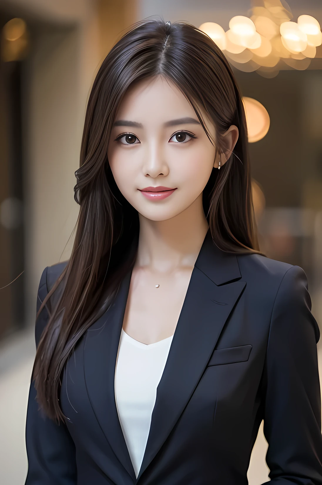 Tabletop、highest quality、Genuine、Very detailed、finely、High resolution、8k wallpaper、One beautiful woman、、、light brown disheveled hair、Wearing a business suit、Sharp focus、Perfect dynamic composition、Beautiful and beautiful eyes、Thin Hair、Detailed genuine skin texture、smile、Close-up portrait、Model Body Type