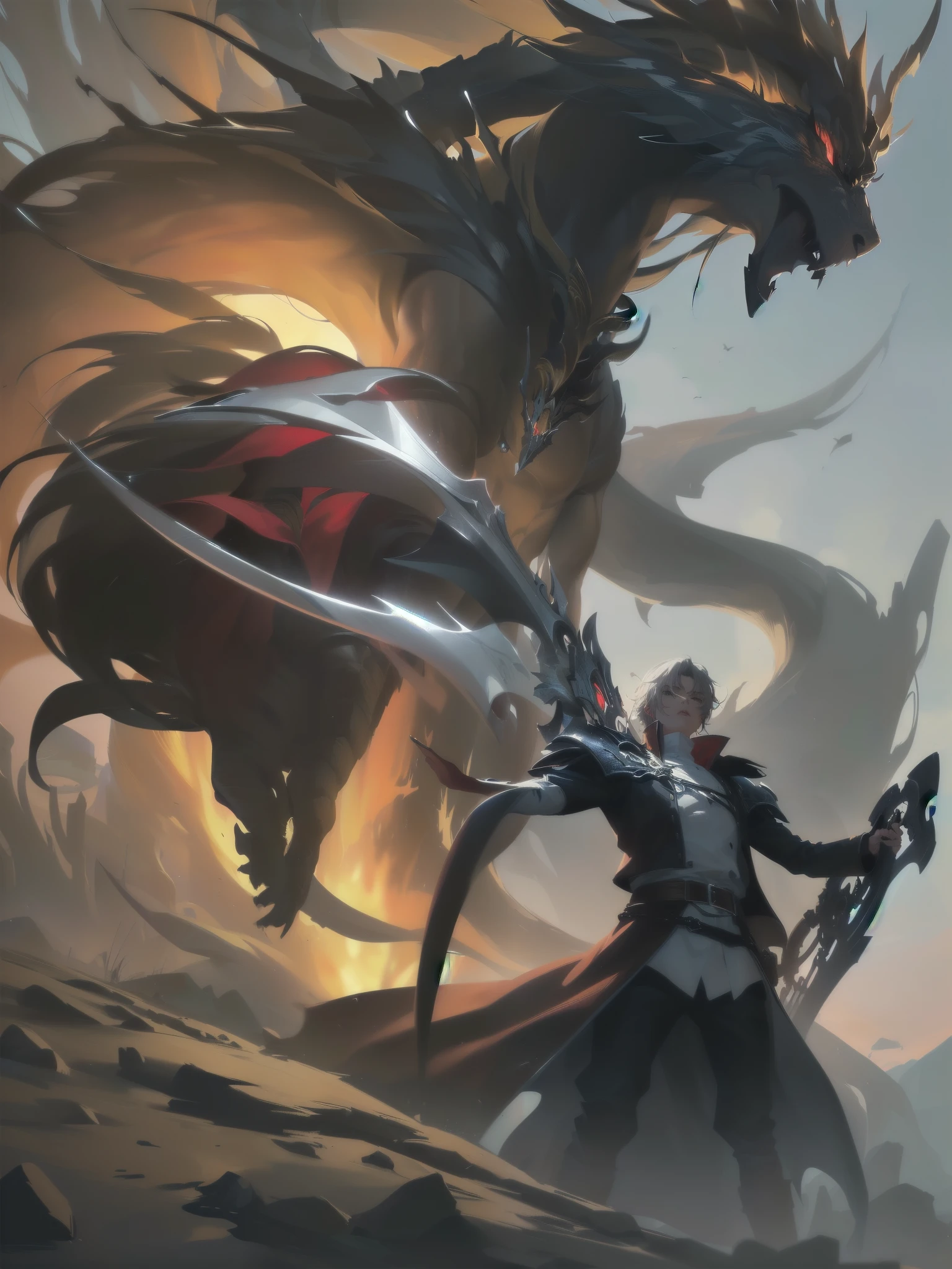 arafed image of a man standing on a cliff with a giant demon in the background, epic fantasy digital art style, epic fantasy artwork, epic fantasy digital art, anime epic artwork, epic fantasy art style hd, guildwar artwork, 4k fantasy art, epic fantasy game art, epic fantasy illustration, fantasy epic digital art, dark souls art, epic fantasy art. (absurdos, Altas Resoluciones, Ultra detallado, HDR), Obra maestra, La mejor calidad, final fantasy vii, 1hombre solamente, guapo, pelo largo, cabello negro, Ojos rojos vibrantes, ojos finos y cara detalladas, Armadura nordica, snowy mountains, frio, tonos azules, helado, hielo, ((Arma intrincada)), capa roja ondeando. ((Dragon a la espalda, dragon volando) Final Fantasy, badass pose, Personaje masculino de anime, Badass Anime 8K, Arte detallado del personaje de anime, Concepto de anime HDR Anime MacManus, Chico anime, Ikuto Yamashita, Anime CG arte suave, Fondo de pantalla de manga 4 k, inspirado por Yamagata Hiro, Wallaper de animea painting of a man with a sword and a red cape, epic anime style, anime epic artwork, epic fantasy digital art style, advanced digital anime art ”, portrait of ninja slayer, hero 2 d fanart artsation, epic fantasy style art, epic fantasy art style, high quality colored sketch, akira from chinese mythology, epic full color illustration