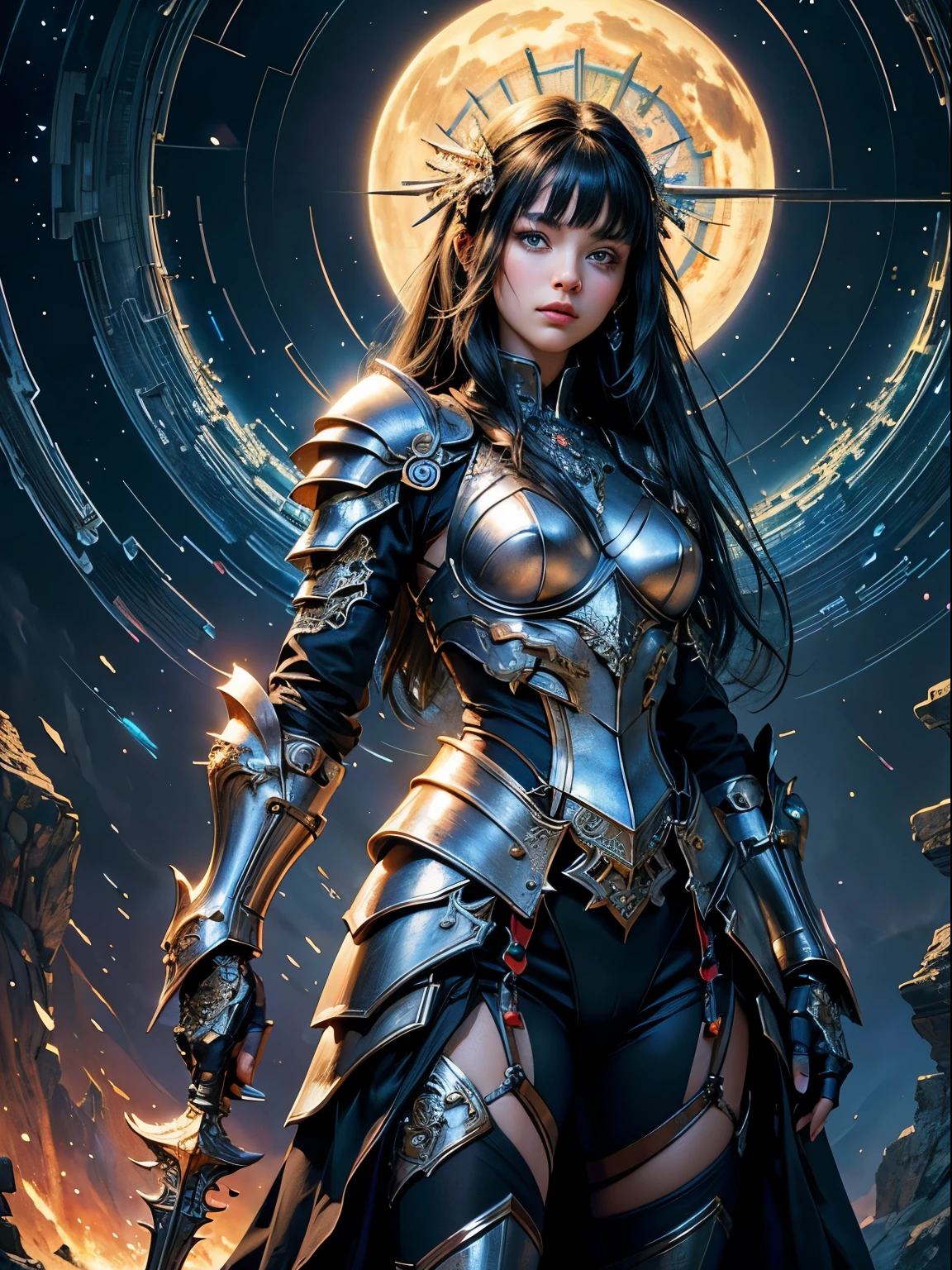 (masterpiece, top quality, best quality, official art, beautiful and aesthetic:1.2), extreme detailed,(fractal art:1.3),colorful,highest detailed, (1girl), black hair, blue eyes, fair skin, skiny silver, armor