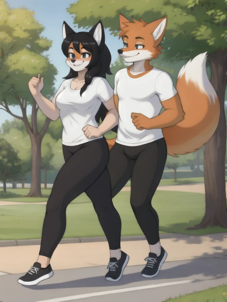 Furry, fox, smile, black leggings, white shirt, jogging with a partner, park,