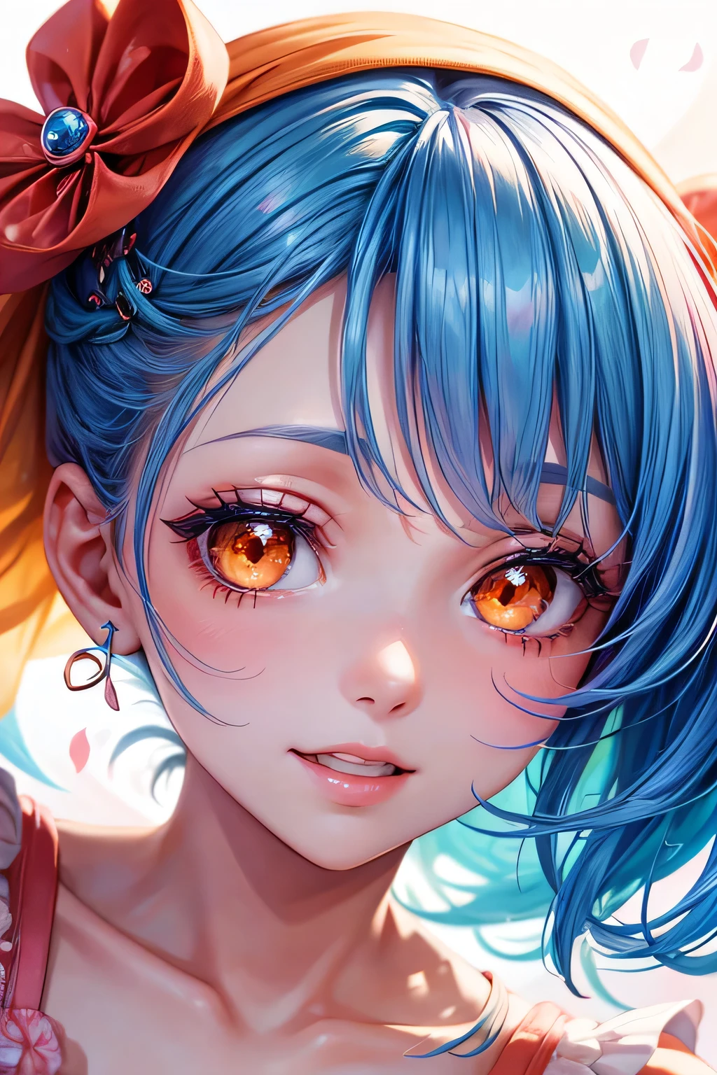 beautiful happy orange eyes blue hair makeup girl. with beautiful pink dress whit a close up of your face