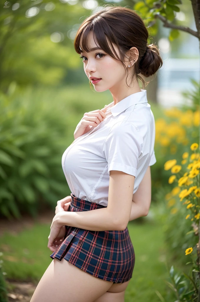 nsfw, 8K raw photo, Best quality, masterpiece, ultra high res, film grain, filmg, 1girl, looking at viewer, natural skin texture, realistic eye and face details, full lips, lipstick, (makeup), red eyeshadow, short hair, bob hair, ponytail hair, smile, close mouth, beautiful legs, tall female, skinny, slim_legs, solo, enormous breast, cleavage, Pose with buttocks facing you, ultra short skirt, ass, shirt, beautiful nature location, around flower location, (detailed background), plaid skirt, white shirt, enormous round breast, cleavage, Show a little cleavage through the shirt, loafers, blurry background, blurry, holding, plaid, short sleeves, jk ribbon on the neck, jk ribbon, brown hair, bracelet, water, bangs, , jewelry, parted lips, lips, from side, pleated skirt, depth of field