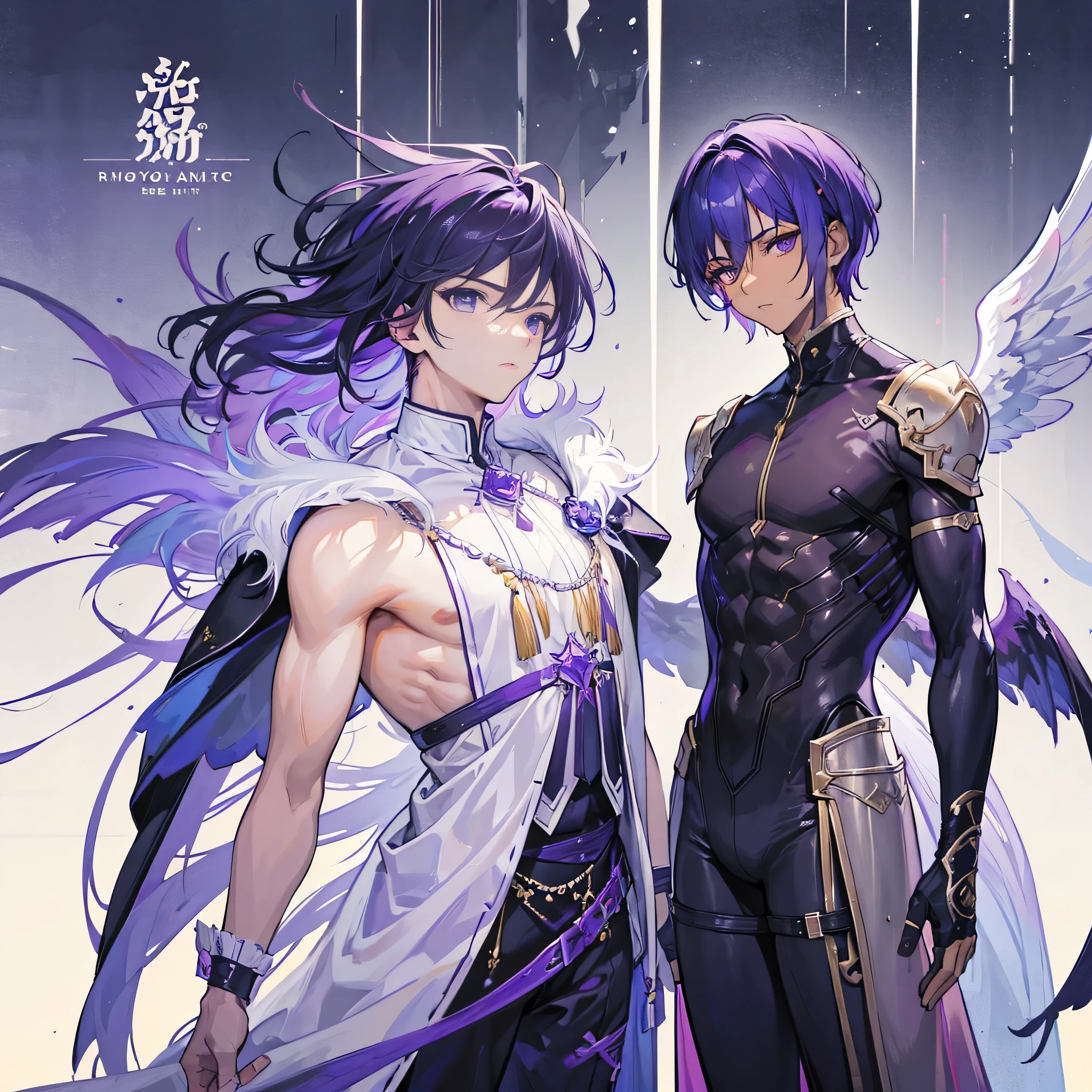 ((Masterpiece, Highest quality)), Male, boy, Detailed face, character design sheet,full bodyesbian, Full of details, frontal body view, back body view, Highly detailed, character sheet, character design, Many parts, dark skin, angel wings, short purple hair, angel outfit, masculine, male muscle, Muscle boy with purple short hair,handsome man, male angel , man tall
