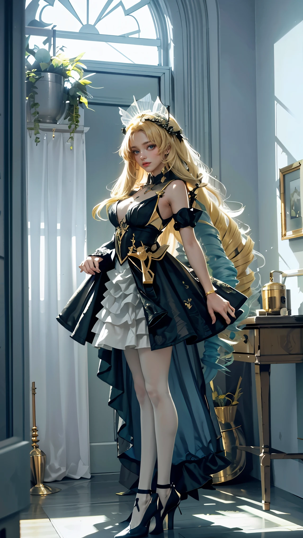 Best quality, masterpiece, ultra high res, raw photo, beautiful and aesthetic, deep shadow, fairy theme,(ultra detailed:1.3),
1girl, standing pose, headdress, drill hair, long hair, blonde hair, gradient hair, yellow eyes, solo, huge breasts, big hair, blue hair, divine goddess, looking at viewer, indoors, modern bedroom, room full of curtain, astraea, full body, outfit-moss dress, white pantyhose