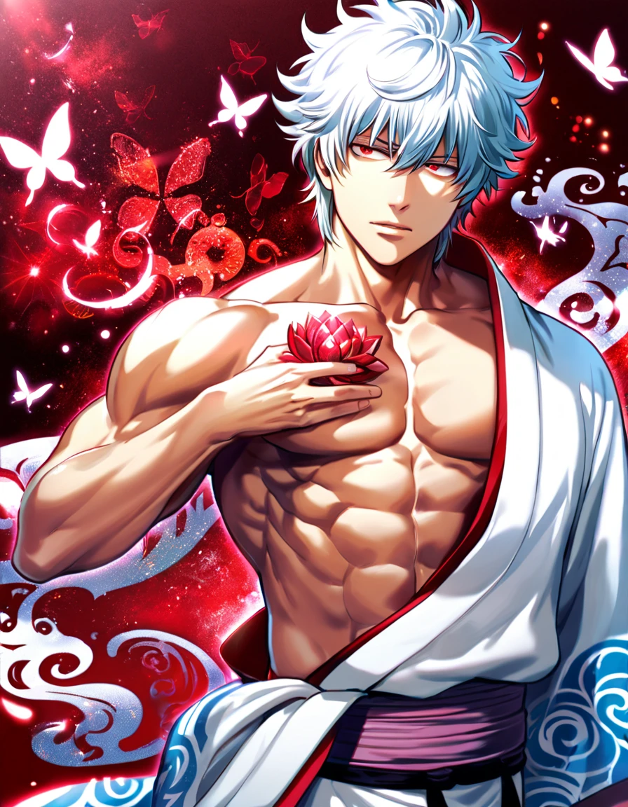 absurdres, highres, ultra detailed, HDR, master piece, best quality, Sakata Gintoki, white hair, expressive red eyes, Gintama, solo, sexy man, handsome, toned chest, white kimono, patterns, magical, fantasy, red background, red lotus, shining, red petals, red glittering butterflies