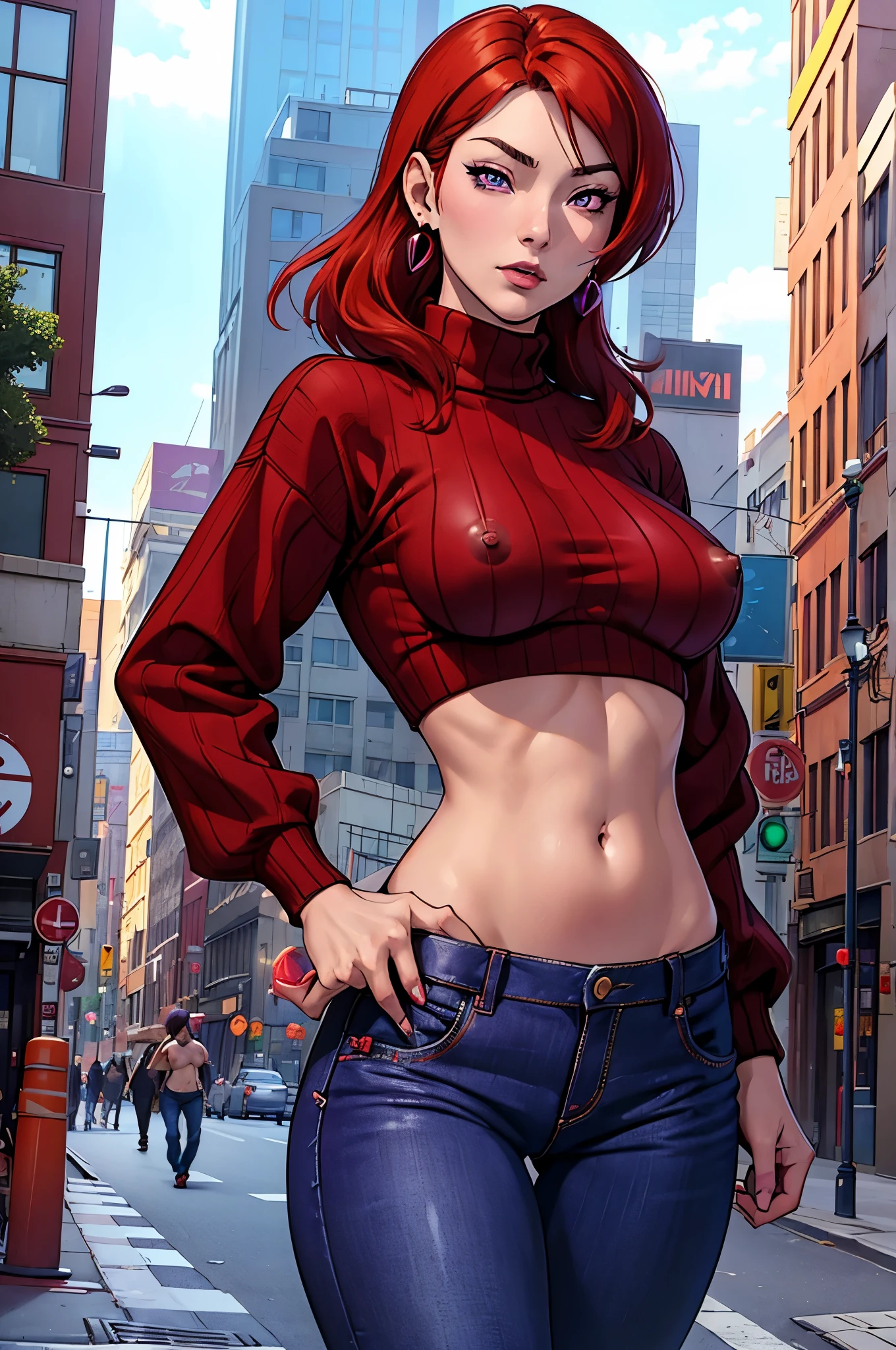 (Masterpiece, Best Quality, High Quality),(NSFW:1.3),Nishikino maki, Red hair, purple eyes, cowboy shot,low waisted pants, tight ,(sweater crop top), (sexy stomach), detailed belly, midriff, big breasts,looking at viewer, earrings,in street