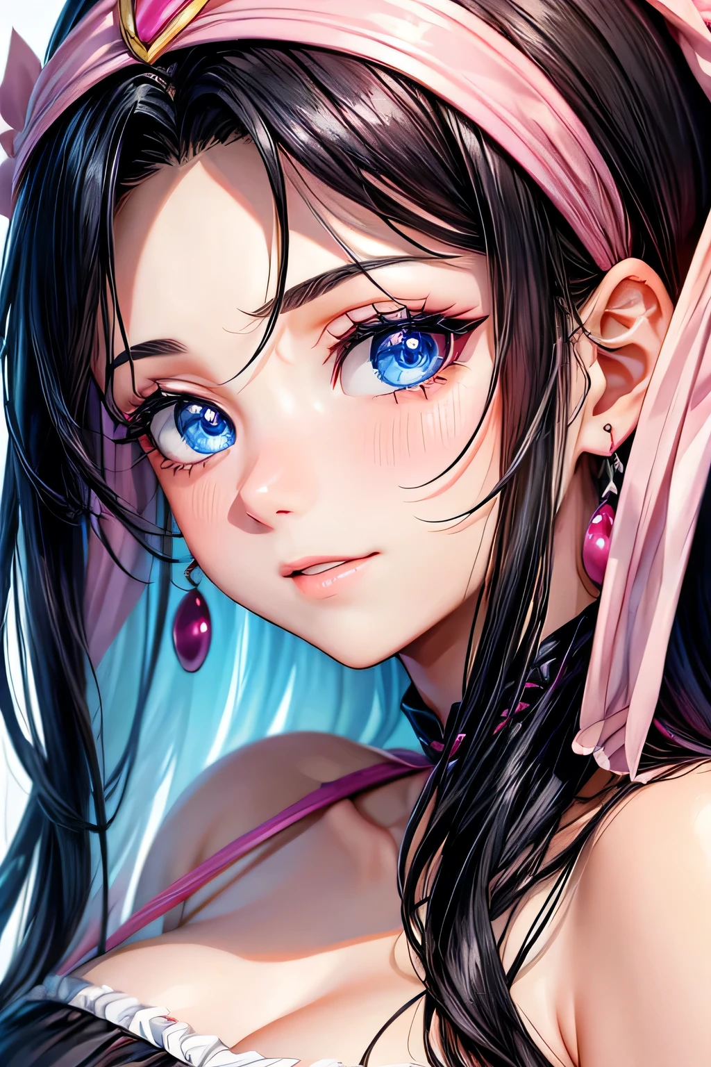 beautiful happy blue eyes black hair makeup girl videl. with beautiful pink dress whit a close up of your face