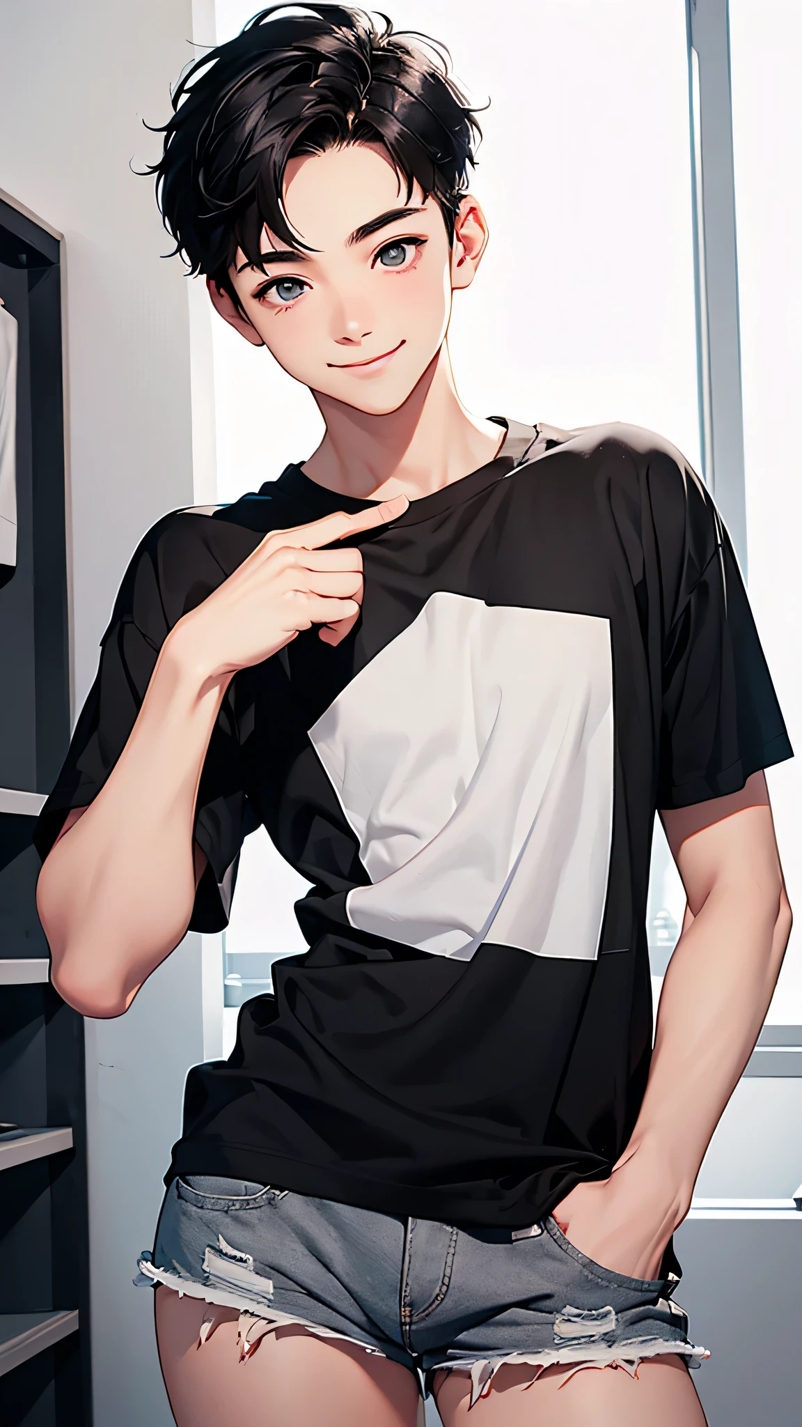 highest quality、Realistic、boy、zoom、cute、Grey Eyes、Black Hair、the forehead is protruding、Very Short Hair、Large size t-shirts、Shorts、Looking down、smile、Bust Shot、thin、